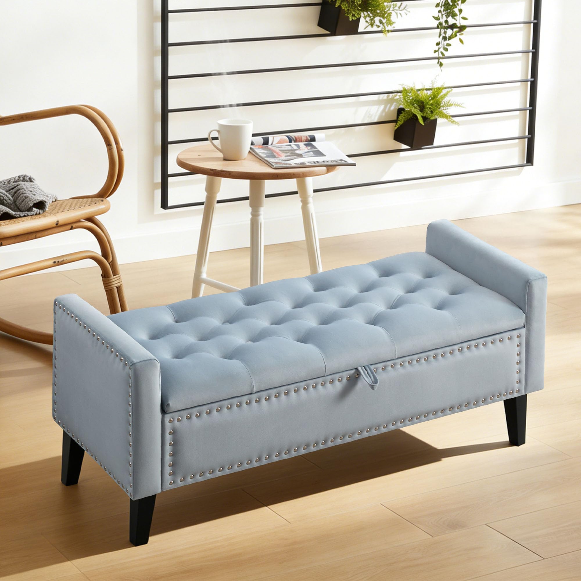 47in Velvet Storage Ottoman Bench with Arms, Upholstered Storage Bench with Wooden Legs, Storage Bench for Bedroom, Living Room, Entryway, Blue Grey