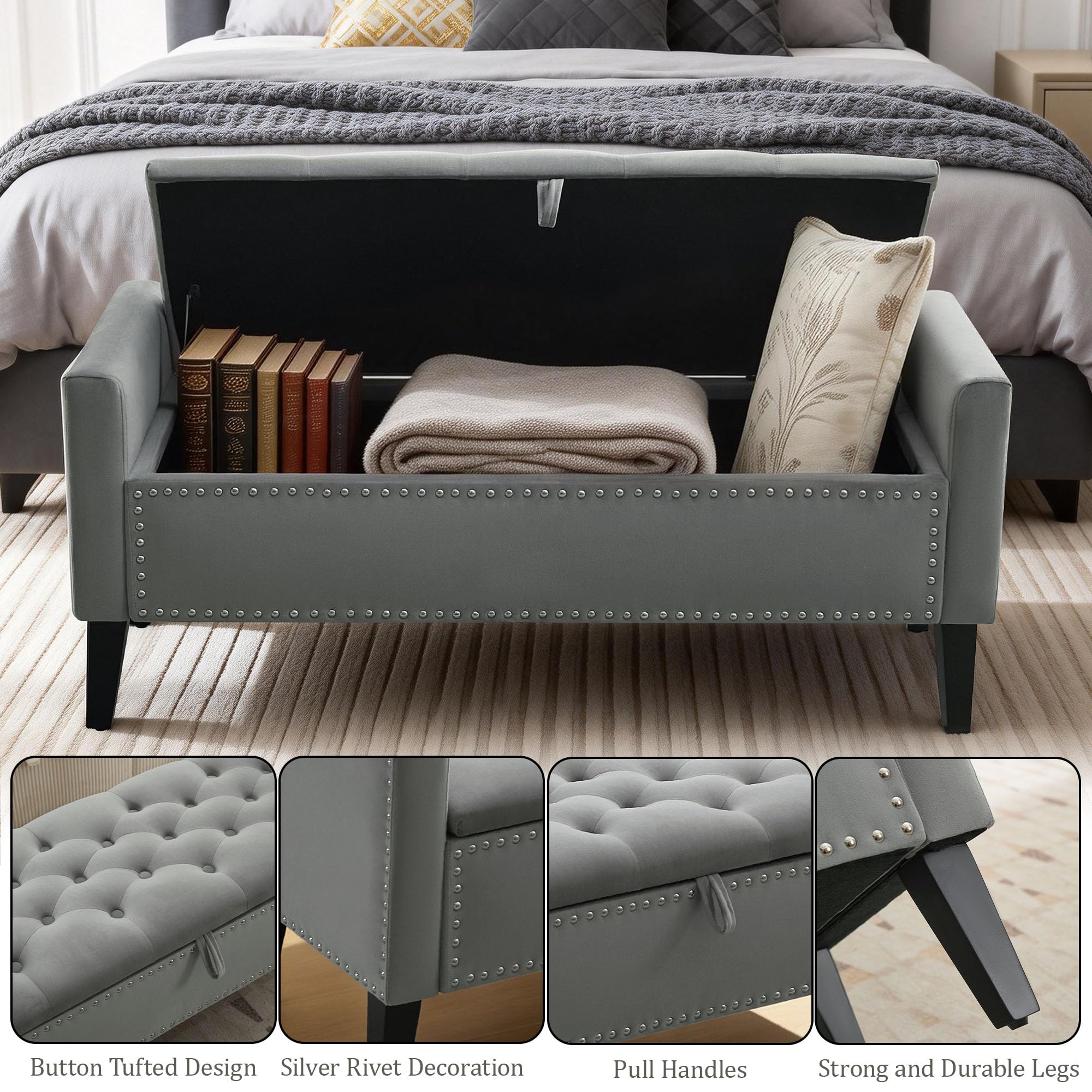 47in Velvet Storage Ottoman Bench with Arms, Upholstered Storage Bench with Wooden Legs, Storage Bench for Bedroom, Living Room, Entryway, Blue Grey