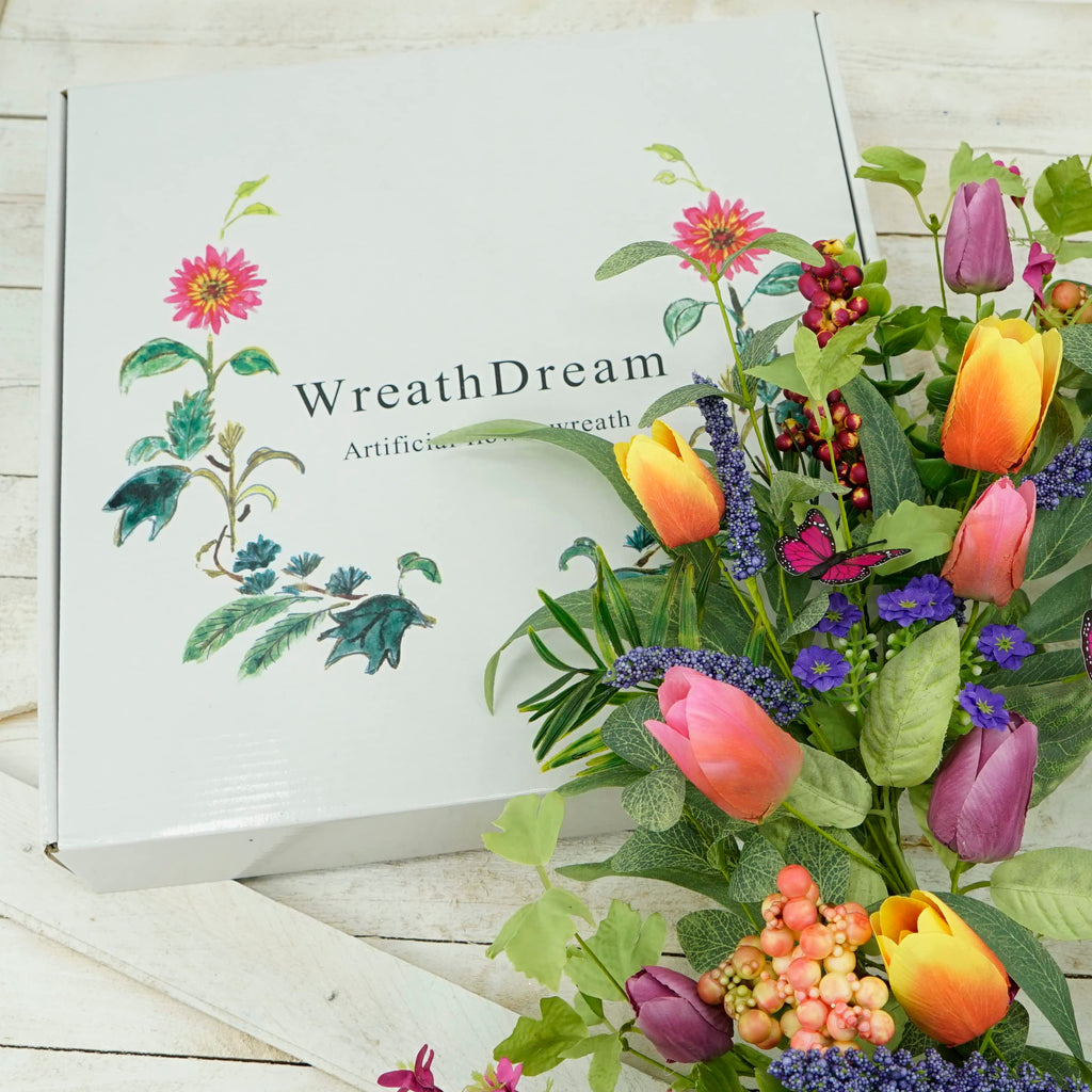 22 inch Spring Summer Wreath Tulip Wreath for Front Door with Purple Tassels, Eucalyptus Leaves, Ferns, Butterflies for Indoor Outdoor wall Festival Home Farmhouse Wedding Decor