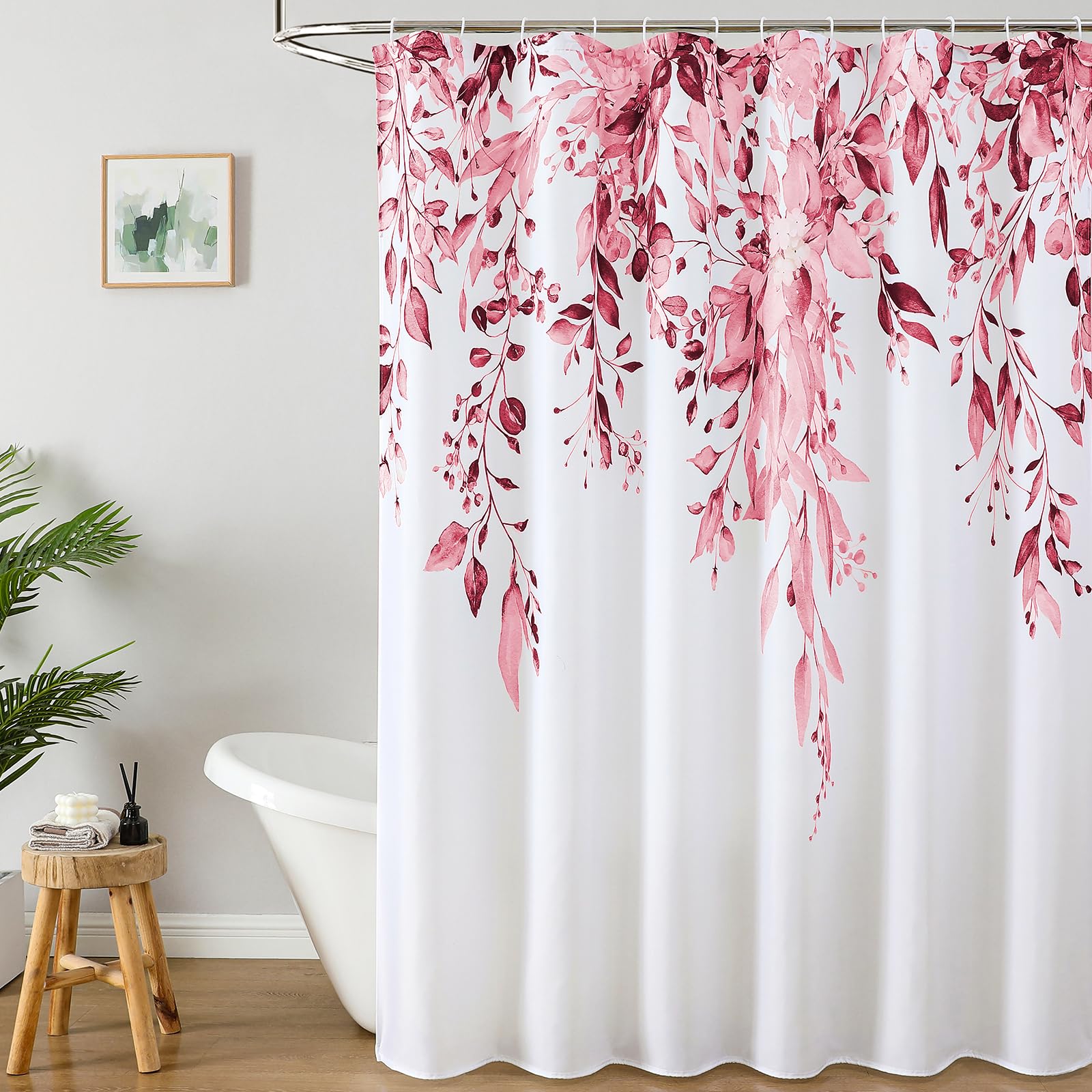 Colorful Star Sage Green Eucalyptus Waterproof Shower Curtain Set with Hooks, Minimalist Watercolor Floral Print Bathroom Décor, Plant Leaves Washable Fabric Shower Curtain, 72 x 72 Inch