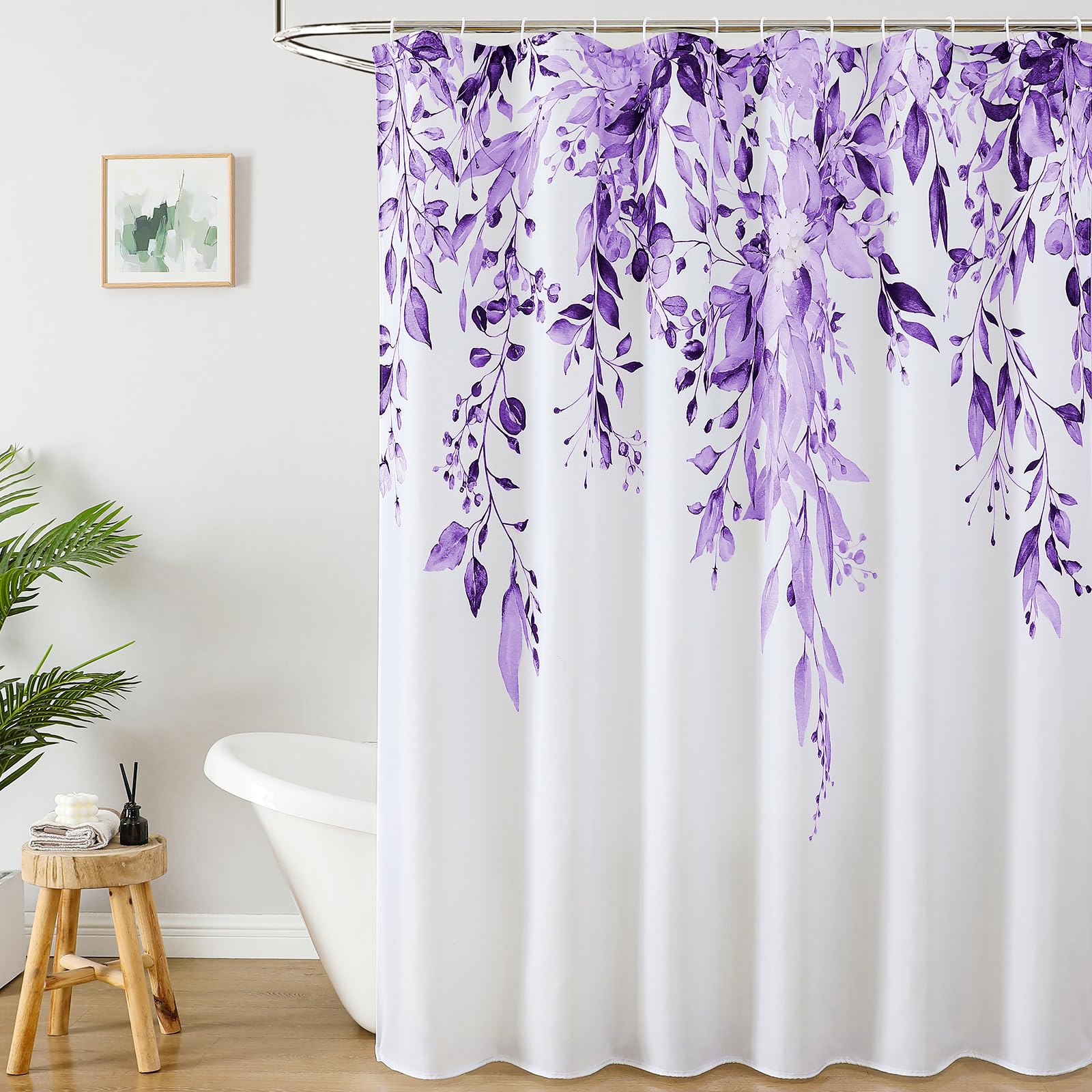 Colorful Star Sage Green Eucalyptus Waterproof Shower Curtain Set with Hooks, Minimalist Watercolor Floral Print Bathroom Décor, Plant Leaves Washable Fabric Shower Curtain, 72 x 72 Inch