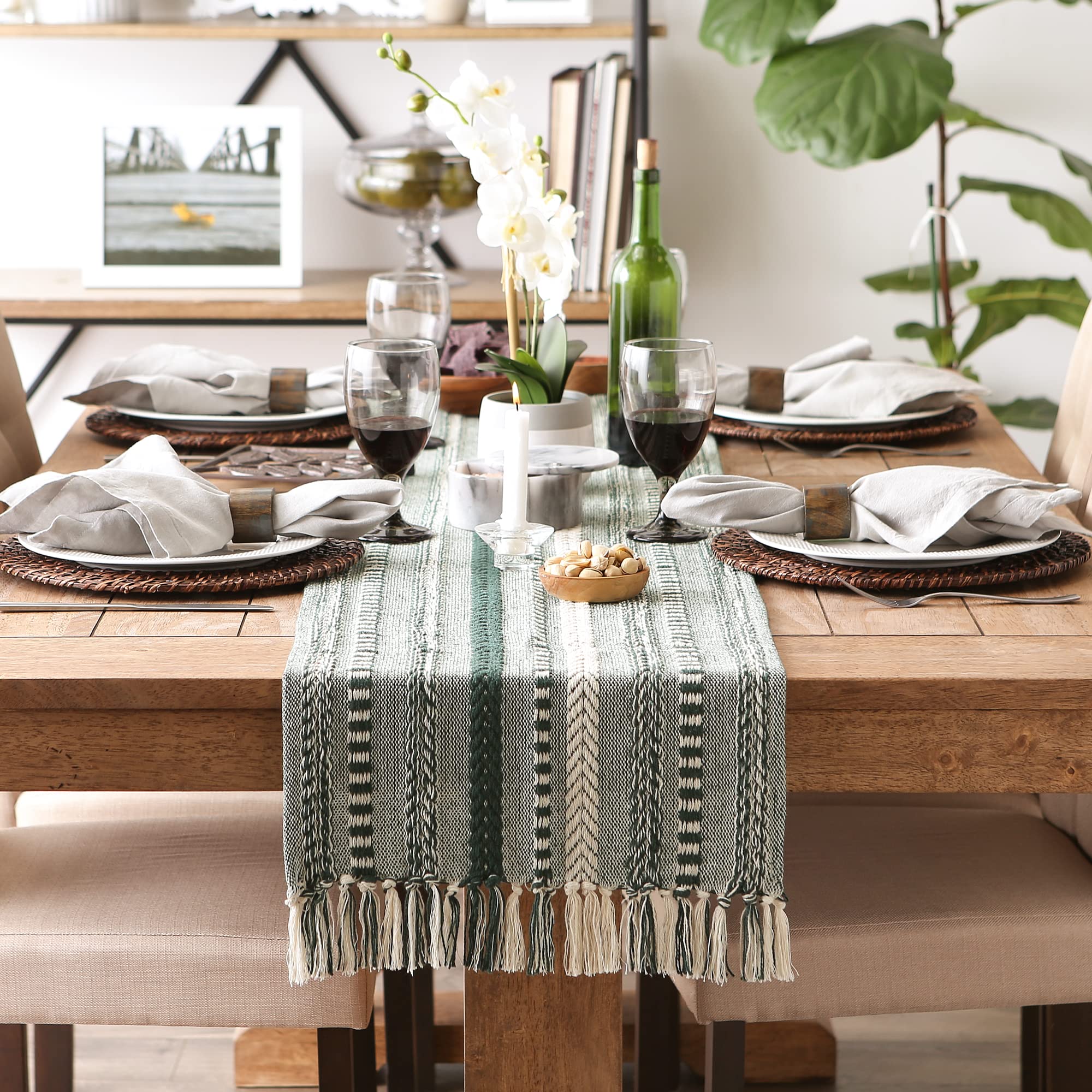 DII Farmhouse Braided Stripe Table Runner Collection, 15x72 (15x77, Fringe Included), Stone