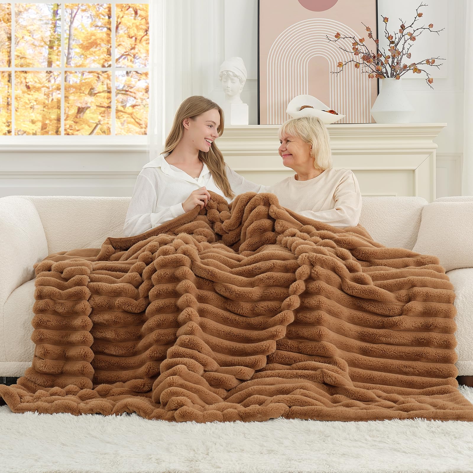 Cozy Bliss Faux Fur Throw Blanket for Couch, Cozy Warm Plush Striped Blanket for Sofa Bedroom Living Room, 50 * 60 Inches Cream White