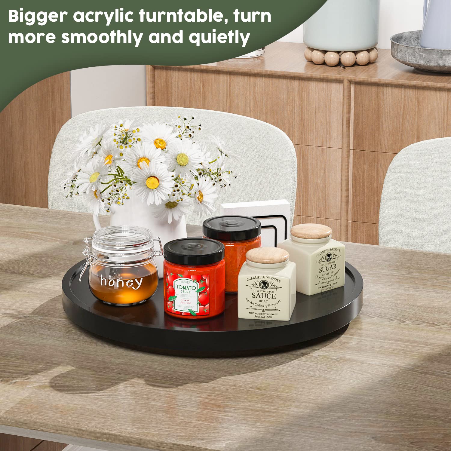 Lazy Susan Organizer, 13.2 Inch Non-Skid Bamboo Lazy Susan for Kitchen Table cabinets Closets and Kitchen Islands, Wood Turntable for Kitchen Countertop Organizer Black