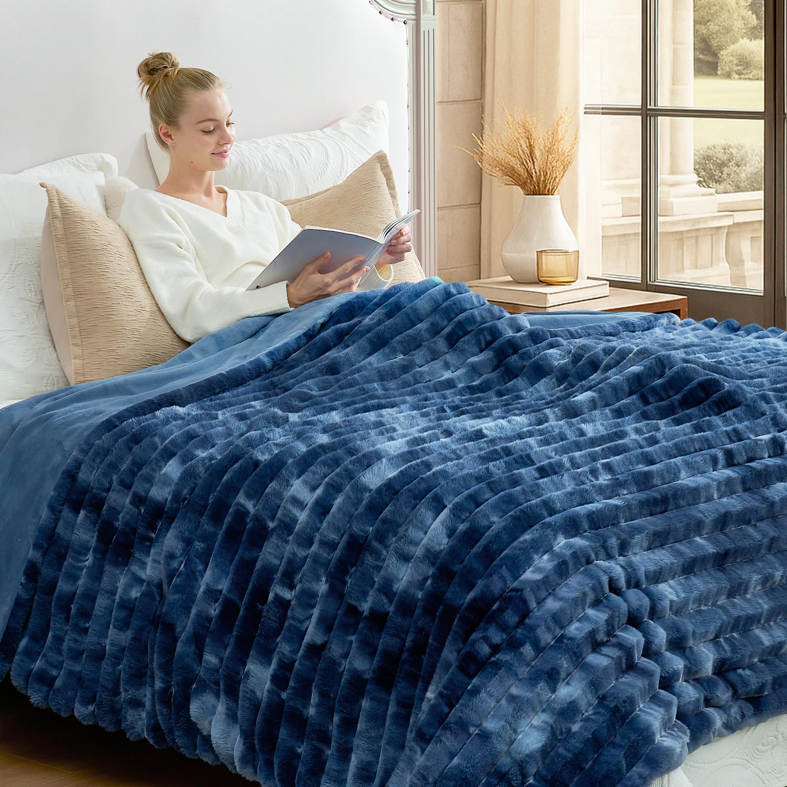 Cozy Bliss Faux Fur Throw Blanket for Couch, Cozy Warm Plush Striped Blanket for Sofa Bedroom Living Room, 50 * 60 Inches Cream White