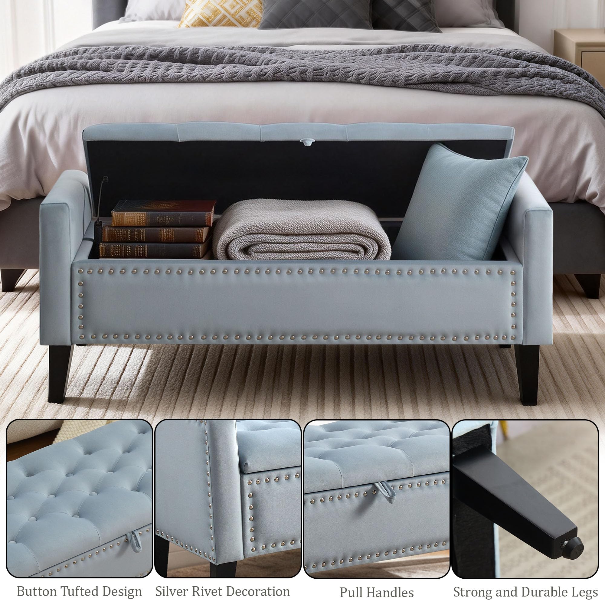 47in Velvet Storage Ottoman Bench with Arms, Upholstered Storage Bench with Wooden Legs, Storage Bench for Bedroom, Living Room, Entryway, Blue Grey