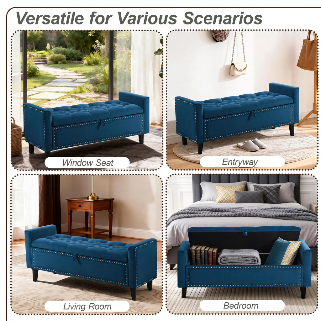 47in Velvet Storage Ottoman Bench with Arms, Upholstered Storage Bench with Wooden Legs, Storage Bench for Bedroom, Living Room, Entryway, Blue Grey