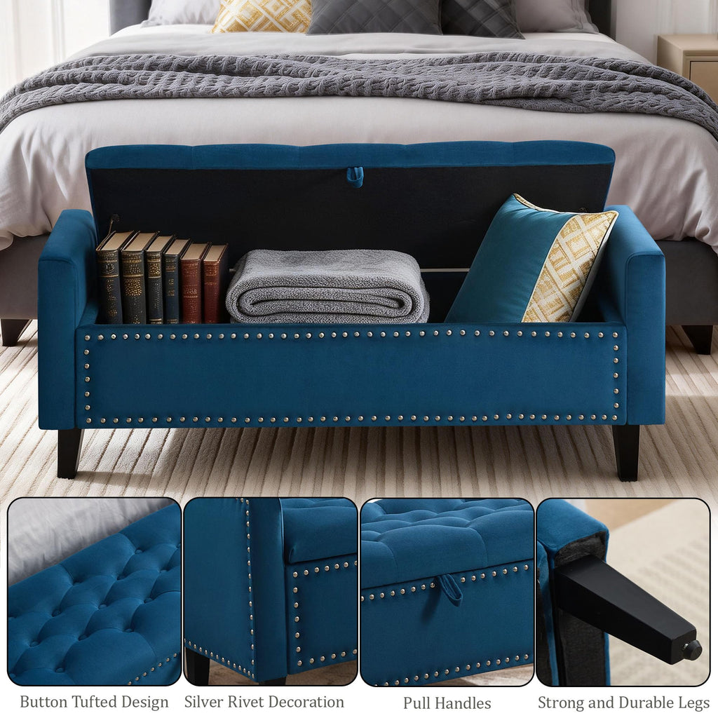 47in Velvet Storage Ottoman Bench with Arms, Upholstered Storage Bench with Wooden Legs, Storage Bench for Bedroom, Living Room, Entryway, Blue Grey