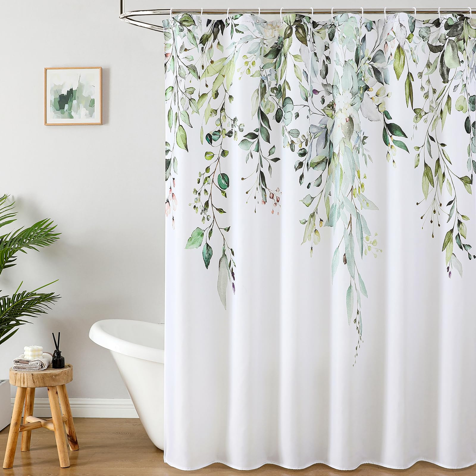 Colorful Star Sage Green Eucalyptus Waterproof Shower Curtain Set with Hooks, Minimalist Watercolor Floral Print Bathroom Décor, Plant Leaves Washable Fabric Shower Curtain, 72 x 72 Inch