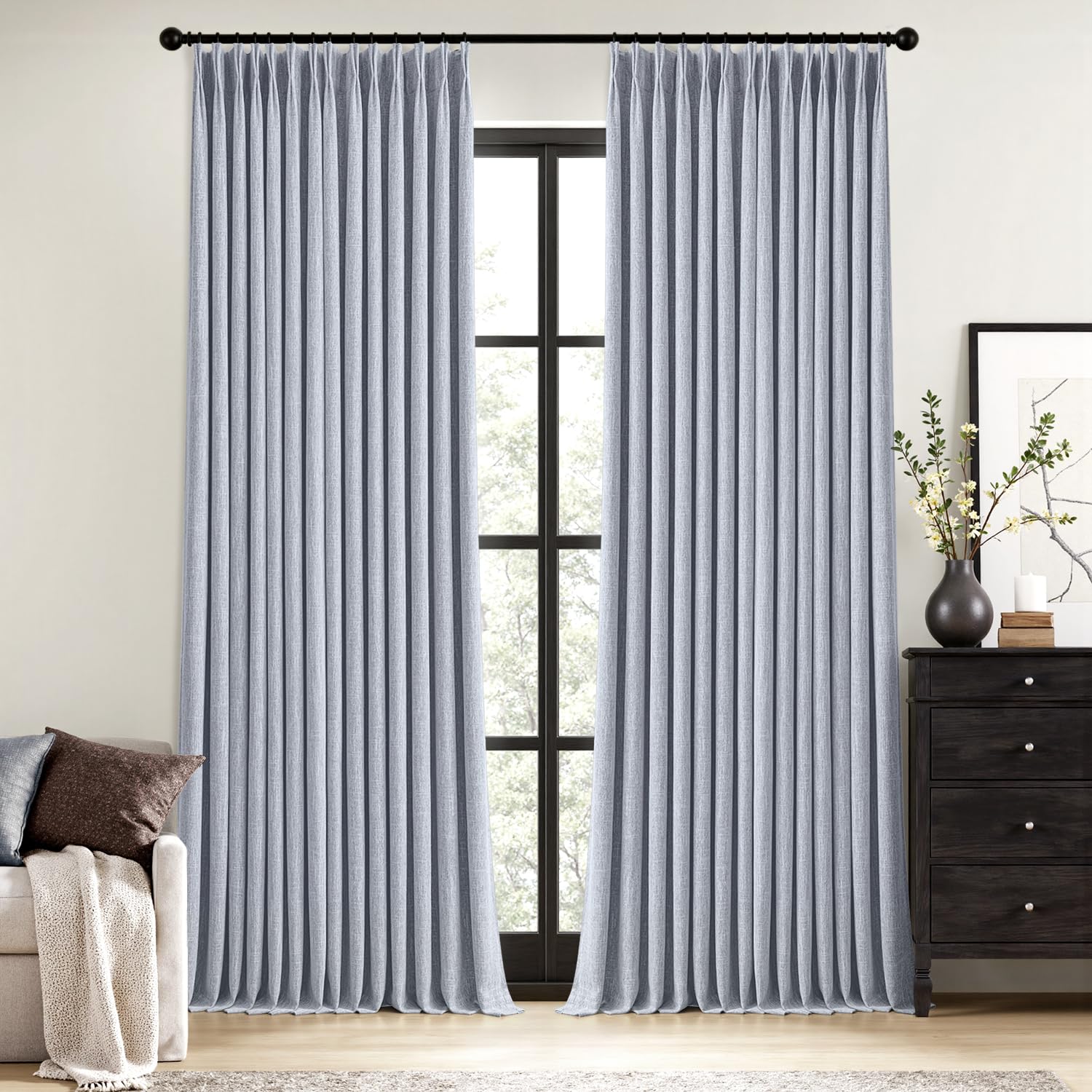 MIULEE Olive Green Pinch Pleated 100% Blackout Linen Curtains 90 Inch Length 2 Panels Set, Black Out Memory Trained Pleat Curtains Light Blocking Room Darkening Drapes for Bedroom Living Room Window