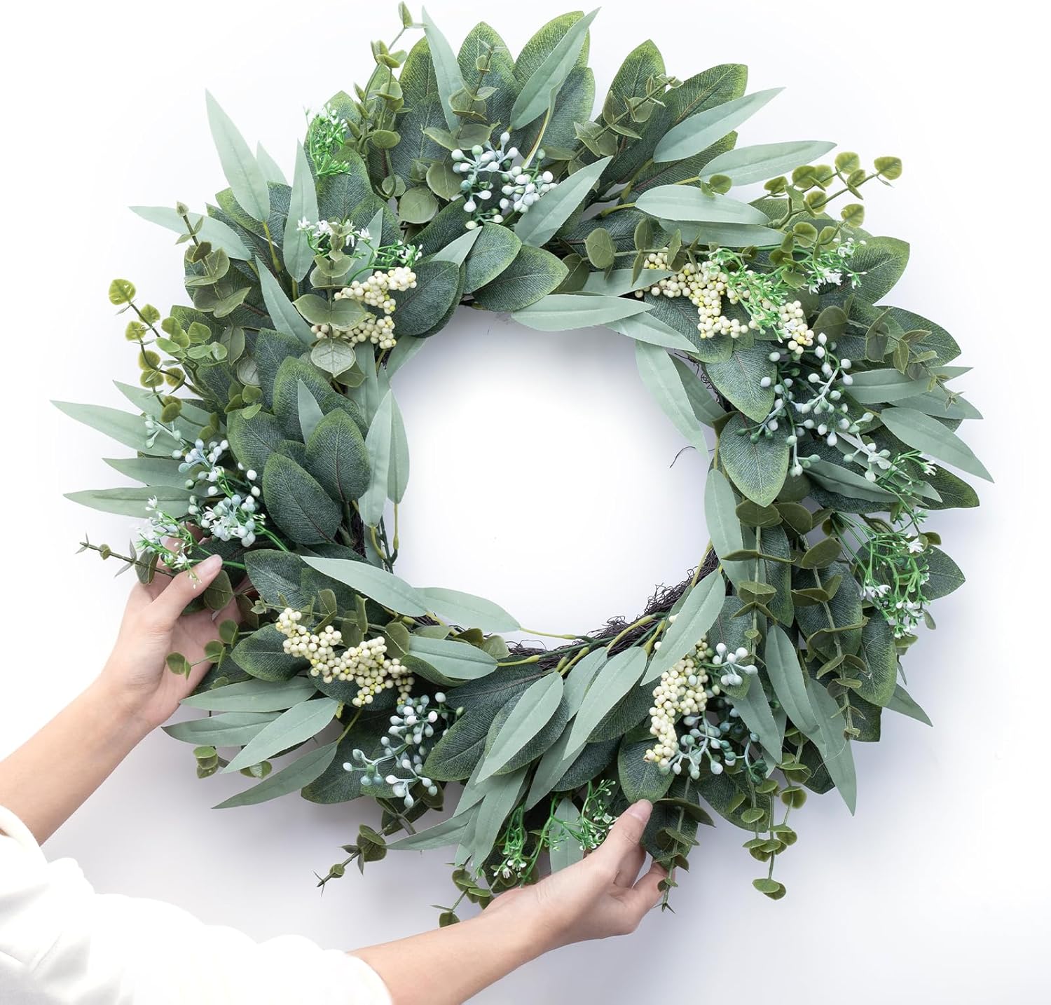 Eucalyptus Wreaths 22" Large Artificial Greenery Outdoor/Indoor Wreath Spring/Summer/Winter Wreath Green Wreaths for Front Door Porch Window Wall Hanging Decor All Year Round Wre-ath（Green）