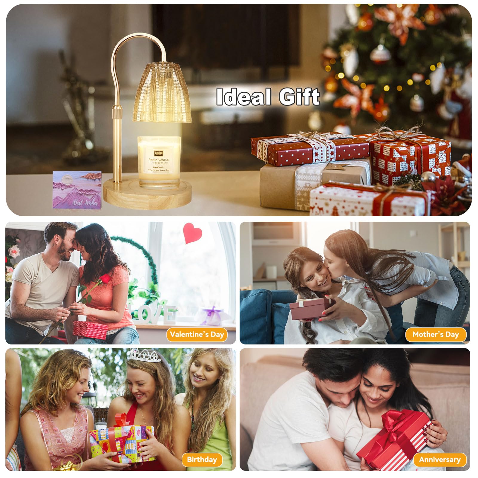 Candle Warmer Lamp with 3 Bulbs, Adjustable Height Dimmable Candle Warmer with Timer, Candle Lamp with Charming Gift Box Ribbon,Birthday Gifts for Women Mom, House Warming Gifts New Home Decor