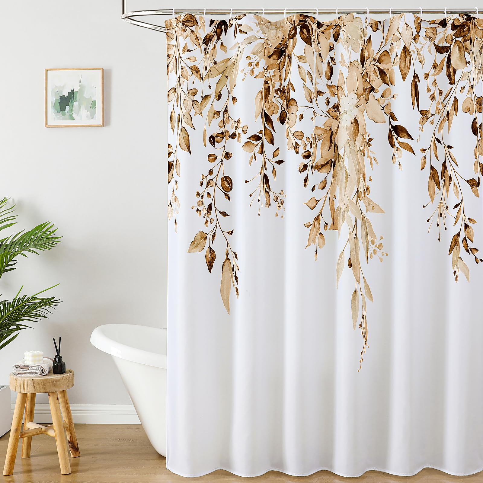 Colorful Star Sage Green Eucalyptus Waterproof Shower Curtain Set with Hooks, Minimalist Watercolor Floral Print Bathroom Décor, Plant Leaves Washable Fabric Shower Curtain, 72 x 72 Inch