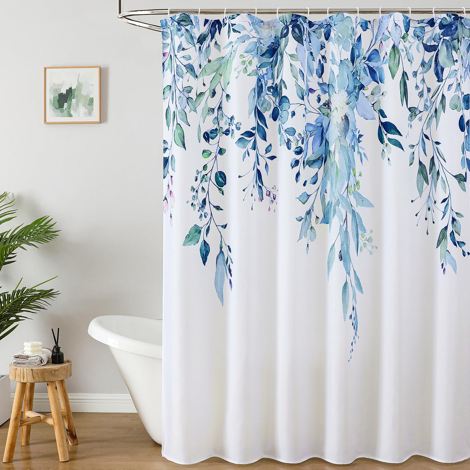Colorful Star Sage Green Eucalyptus Waterproof Shower Curtain Set with Hooks, Minimalist Watercolor Floral Print Bathroom Décor, Plant Leaves Washable Fabric Shower Curtain, 72 x 72 Inch