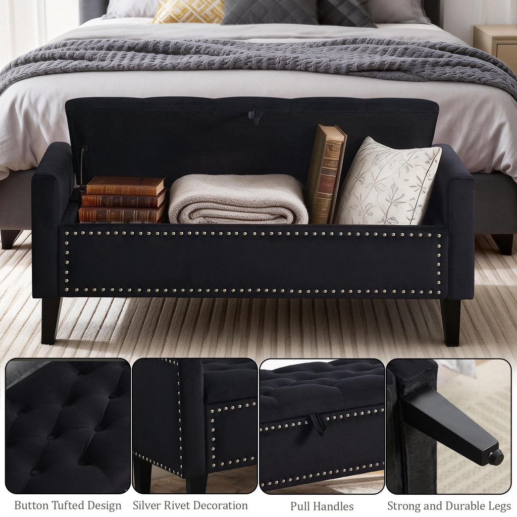 47in Velvet Storage Ottoman Bench with Arms, Upholstered Storage Bench with Wooden Legs, Storage Bench for Bedroom, Living Room, Entryway, Blue Grey