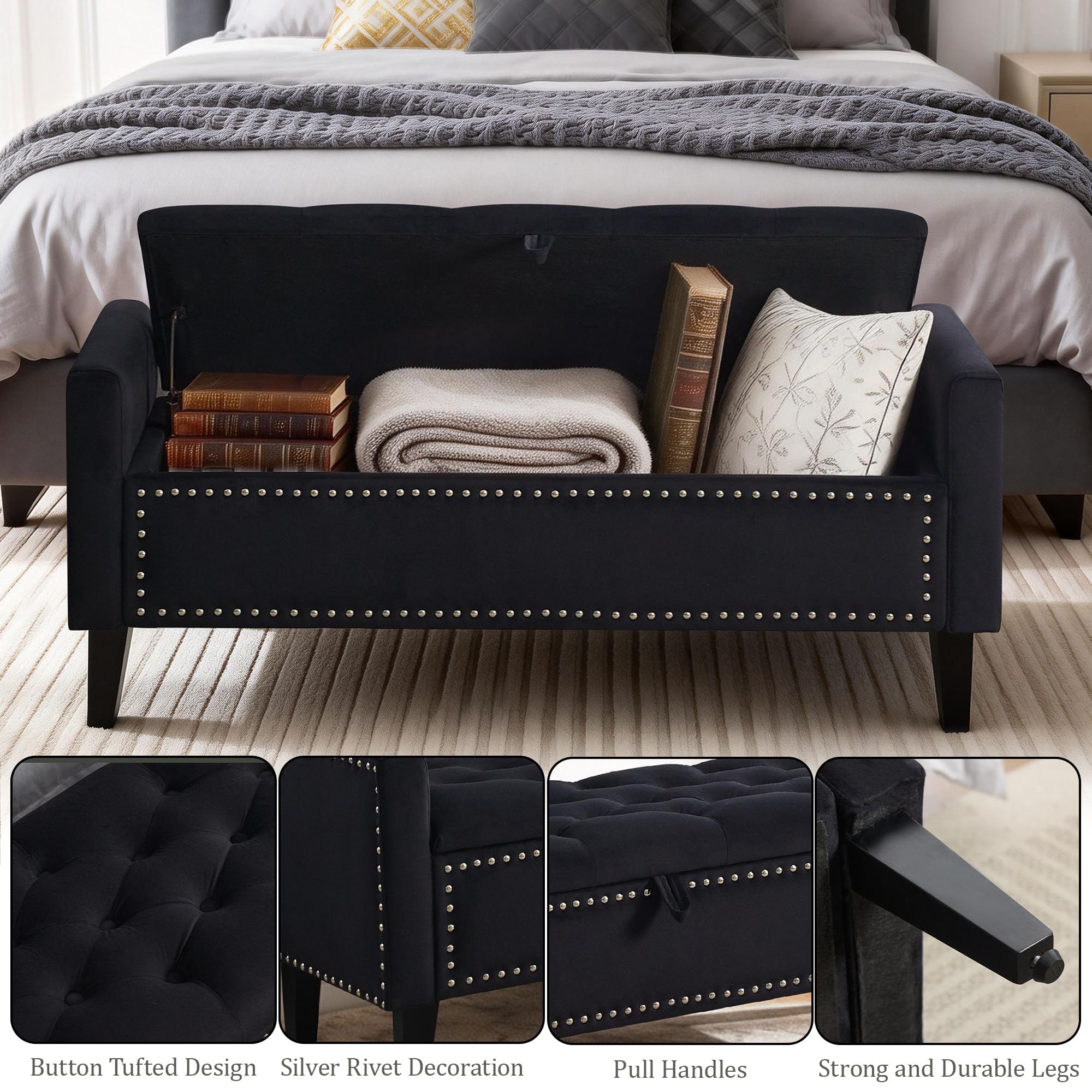 47in Velvet Storage Ottoman Bench with Arms, Upholstered Storage Bench with Wooden Legs, Storage Bench for Bedroom, Living Room, Entryway, Blue Grey