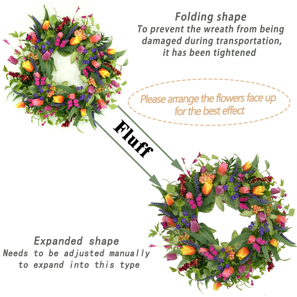 22 inch Spring Summer Wreath Tulip Wreath for Front Door with Purple Tassels, Eucalyptus Leaves, Ferns, Butterflies for Indoor Outdoor wall Festival Home Farmhouse Wedding Decor