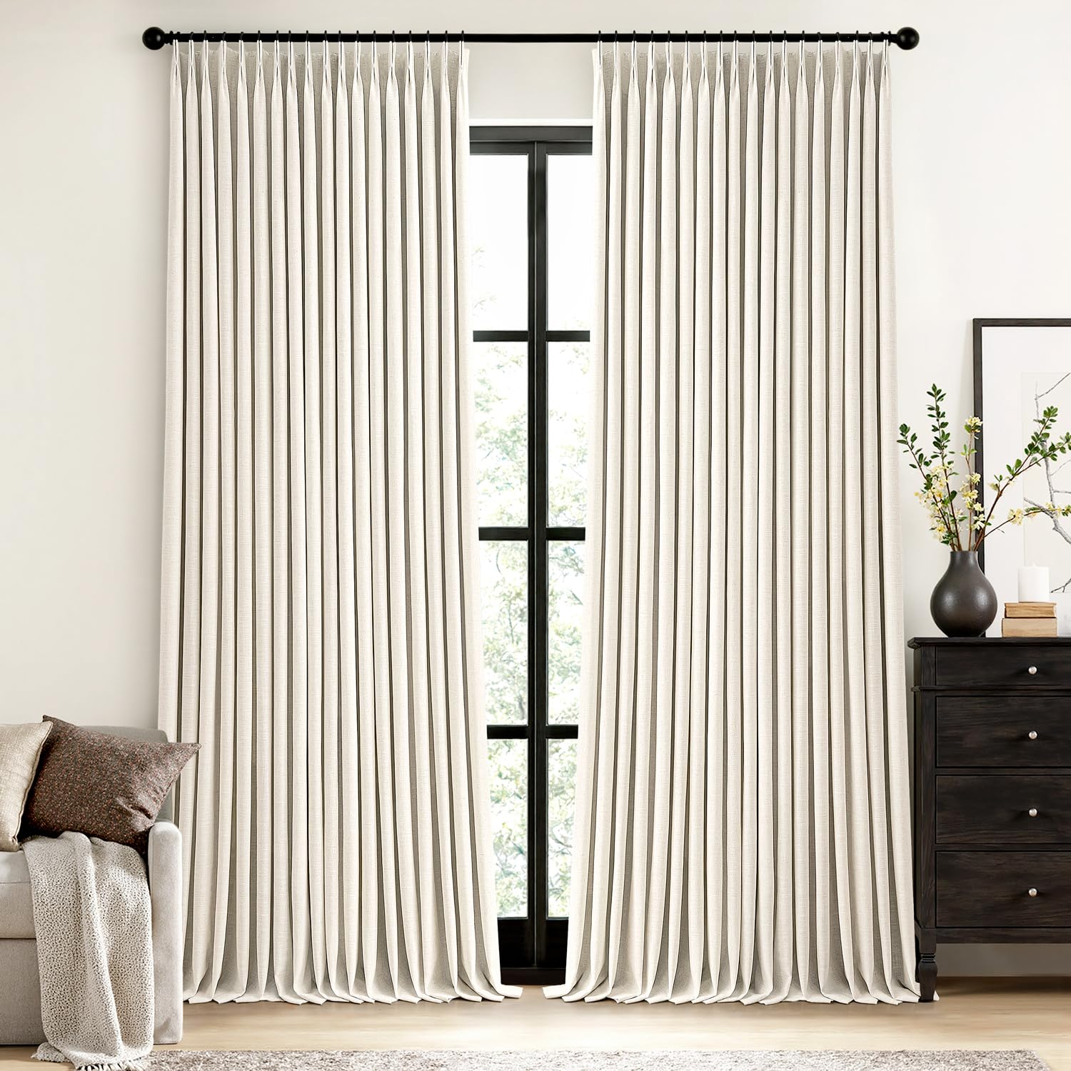 MIULEE Olive Green Pinch Pleated 100% Blackout Linen Curtains 90 Inch Length 2 Panels Set, Black Out Memory Trained Pleat Curtains Light Blocking Room Darkening Drapes for Bedroom Living Room Window