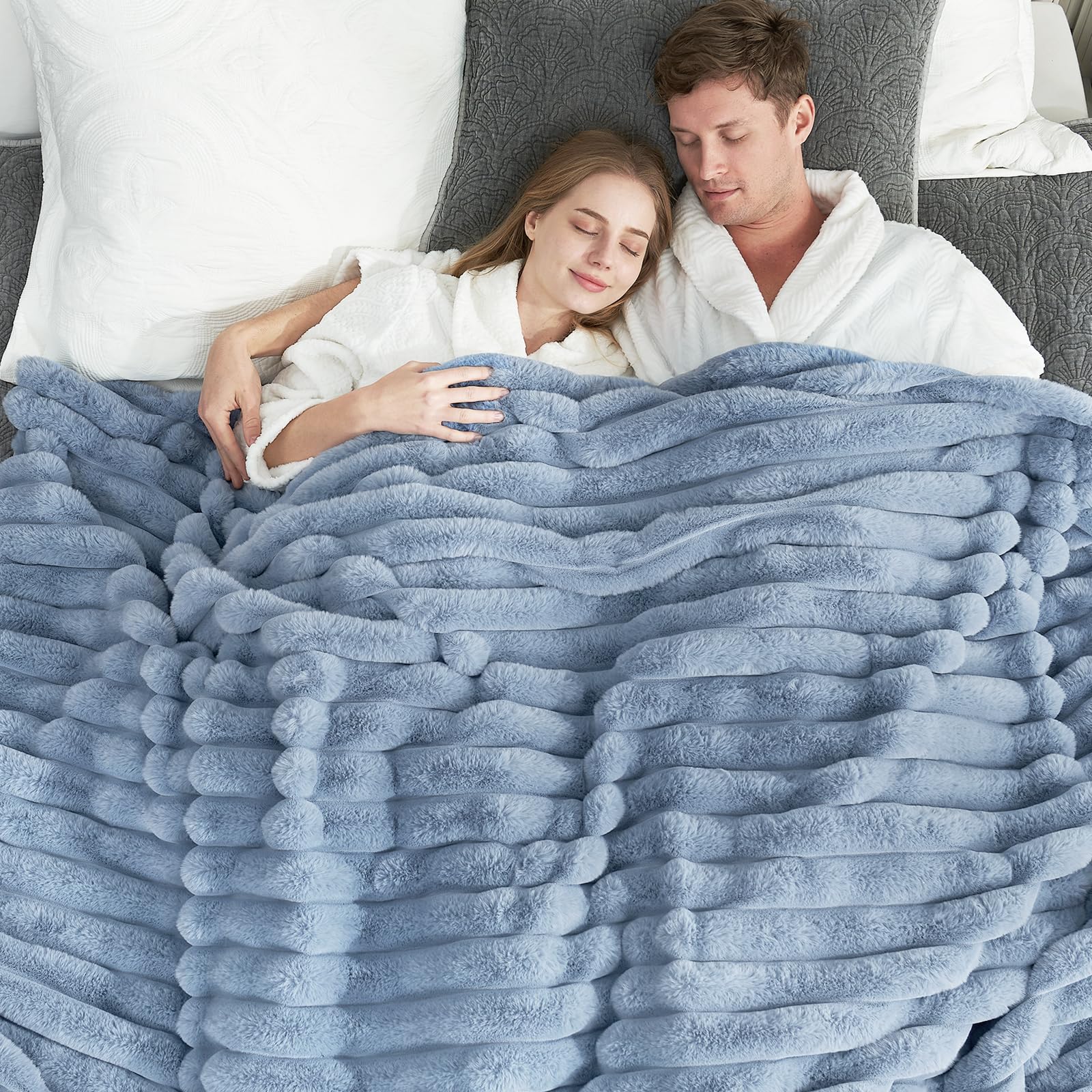 Cozy Bliss Faux Fur Throw Blanket for Couch, Cozy Warm Plush Striped Blanket for Sofa Bedroom Living Room, 50 * 60 Inches Cream White