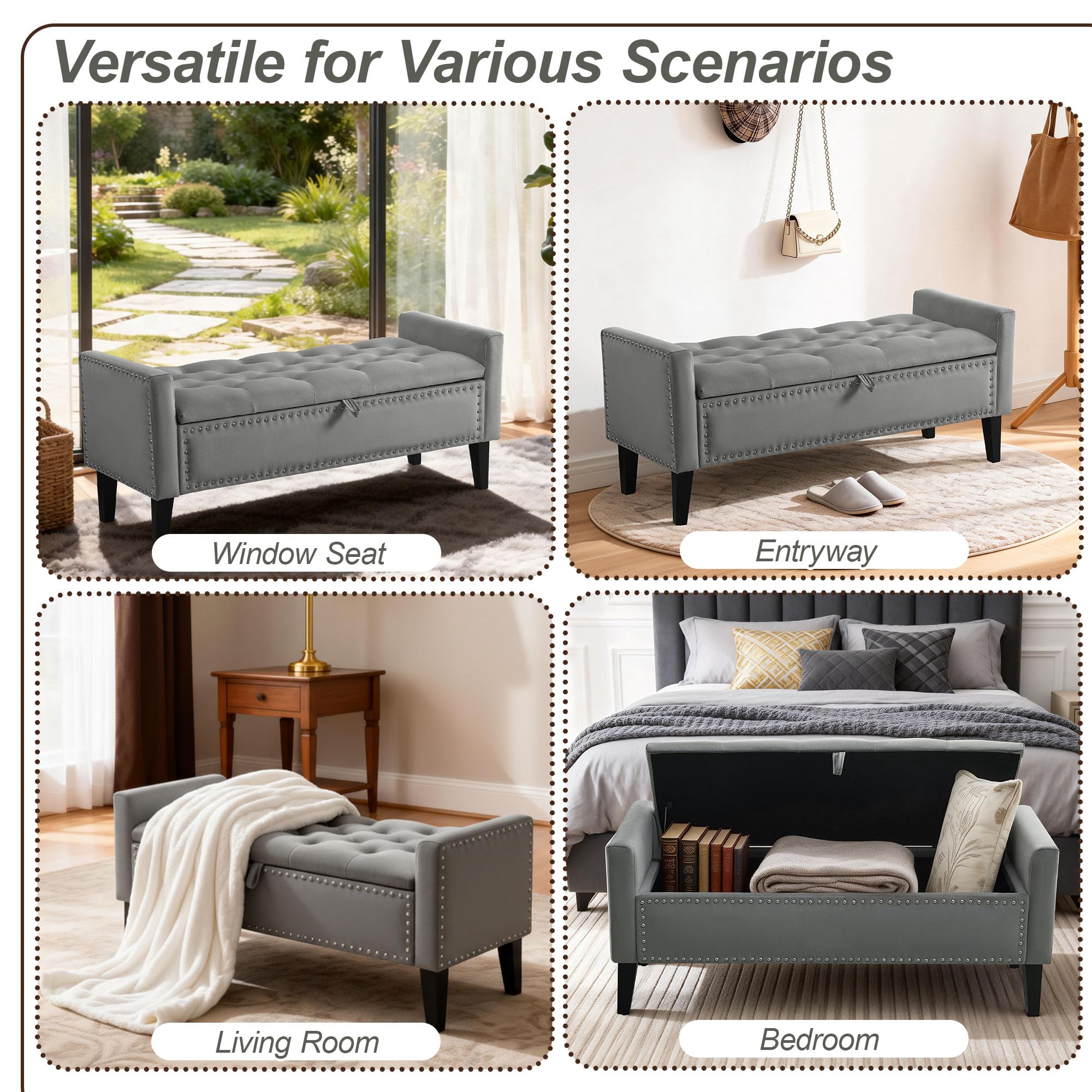 47in Velvet Storage Ottoman Bench with Arms, Upholstered Storage Bench with Wooden Legs, Storage Bench for Bedroom, Living Room, Entryway, Blue Grey