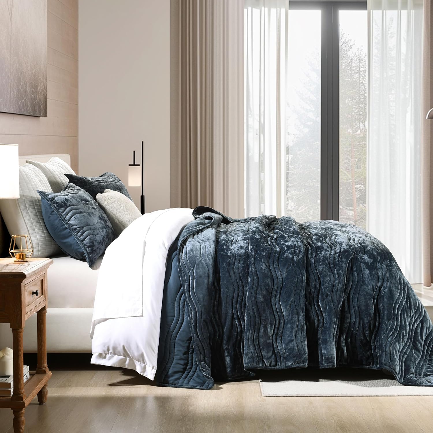 Luxury Velvet Queen Comforter Set, Blue Queen Size Comforter Sets, Stormy Blue Queen Quilt Bedding Set, Luxurious Plush Bedspreaqd Sets,Soft Lightweight Comforter for All Season