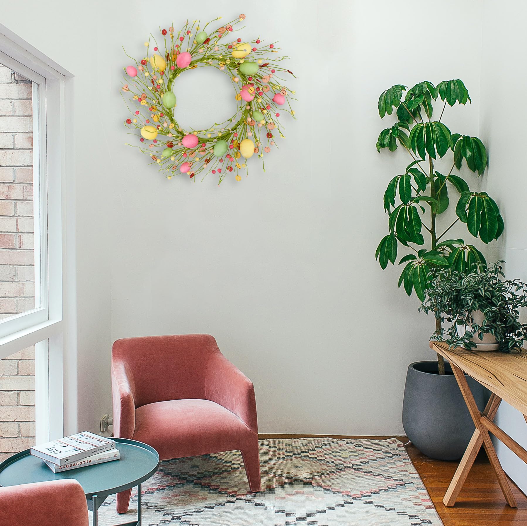 22 inch Spring Summer Wreath Tulip Wreath for Front Door with Purple Tassels, Eucalyptus Leaves, Ferns, Butterflies for Indoor Outdoor wall Festival Home Farmhouse Wedding Decor