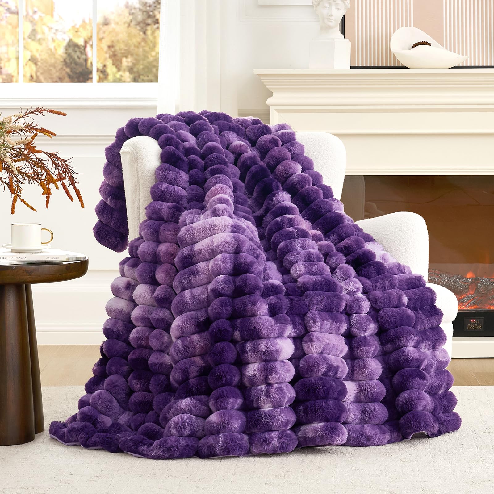 Cozy Bliss Faux Fur Throw Blanket for Couch, Cozy Warm Plush Striped Blanket for Sofa Bedroom Living Room, 50 * 60 Inches Cream White