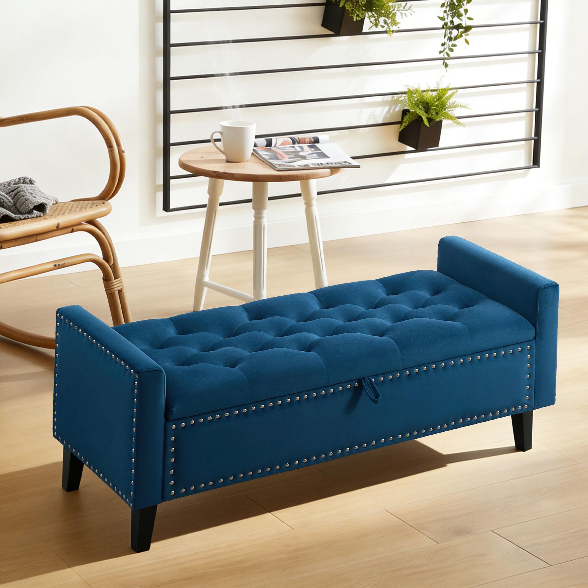47in Velvet Storage Ottoman Bench with Arms, Upholstered Storage Bench with Wooden Legs, Storage Bench for Bedroom, Living Room, Entryway, Blue Grey