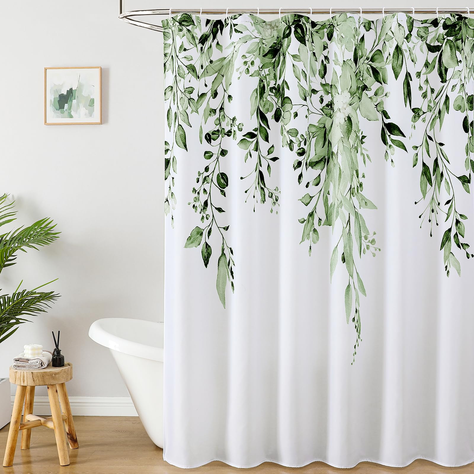 Colorful Star Sage Green Eucalyptus Waterproof Shower Curtain Set with Hooks, Minimalist Watercolor Floral Print Bathroom Décor, Plant Leaves Washable Fabric Shower Curtain, 72 x 72 Inch