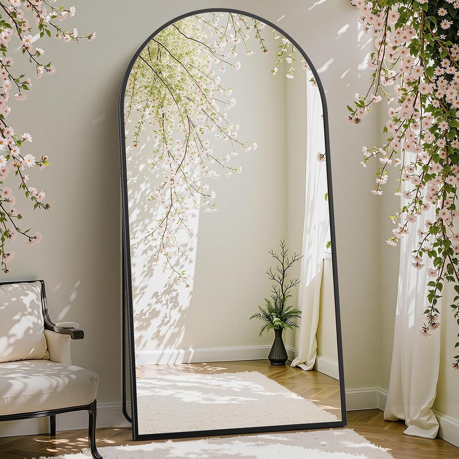 DUMOS Arched Full Length Mirror with Stand 64"x21" Floor Standing Aluminum Frame for Bedroom Body Hanging Leaning Modern Simple Home Decor Shatter-proorf Nano Glass Wall Living Room Cloakroom Black