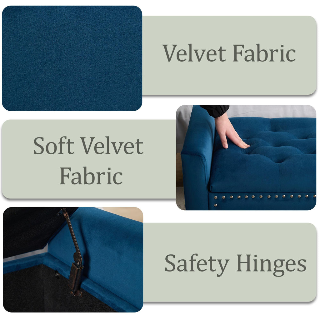 47in Velvet Storage Ottoman Bench with Arms, Upholstered Storage Bench with Wooden Legs, Storage Bench for Bedroom, Living Room, Entryway, Blue Grey
