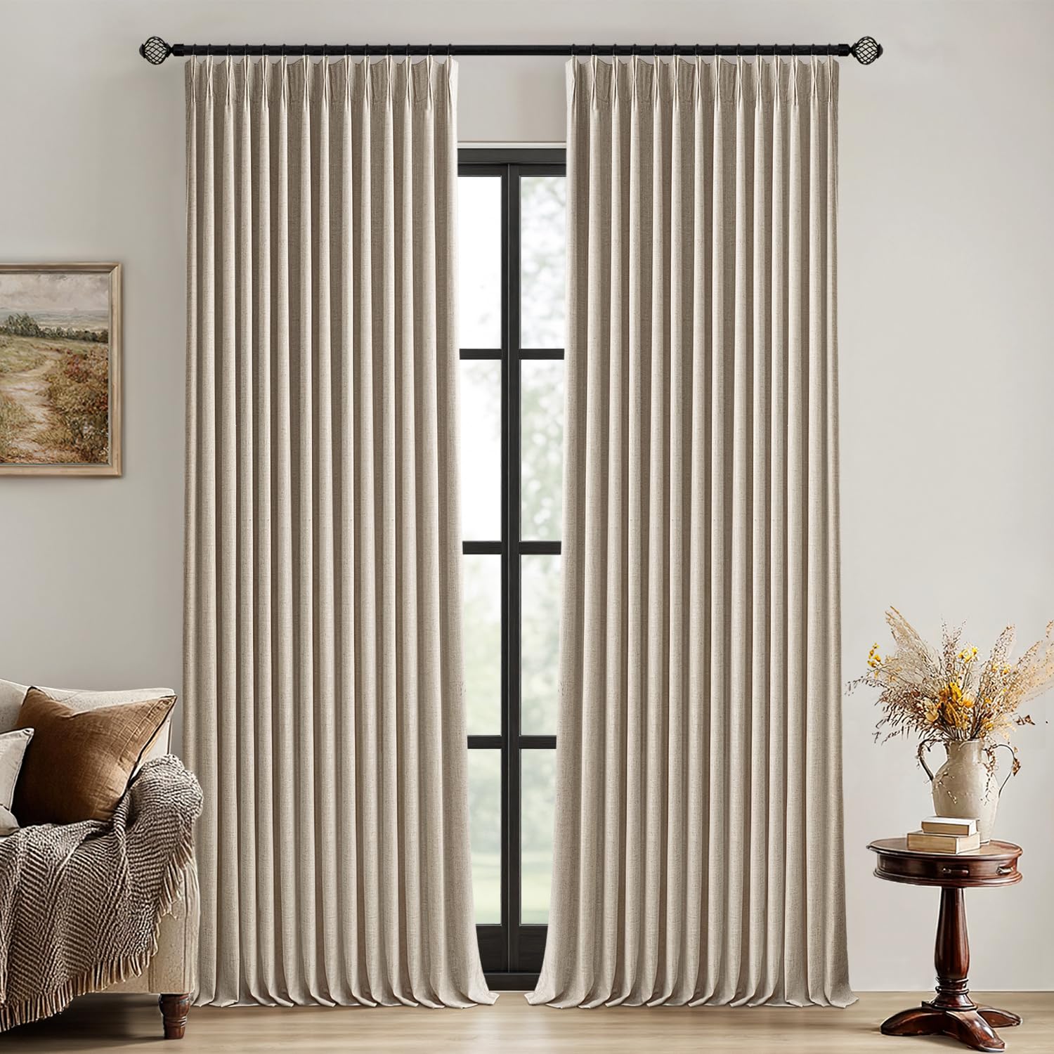 MIULEE Olive Green Pinch Pleated 100% Blackout Linen Curtains 90 Inch Length 2 Panels Set, Black Out Memory Trained Pleat Curtains Light Blocking Room Darkening Drapes for Bedroom Living Room Window