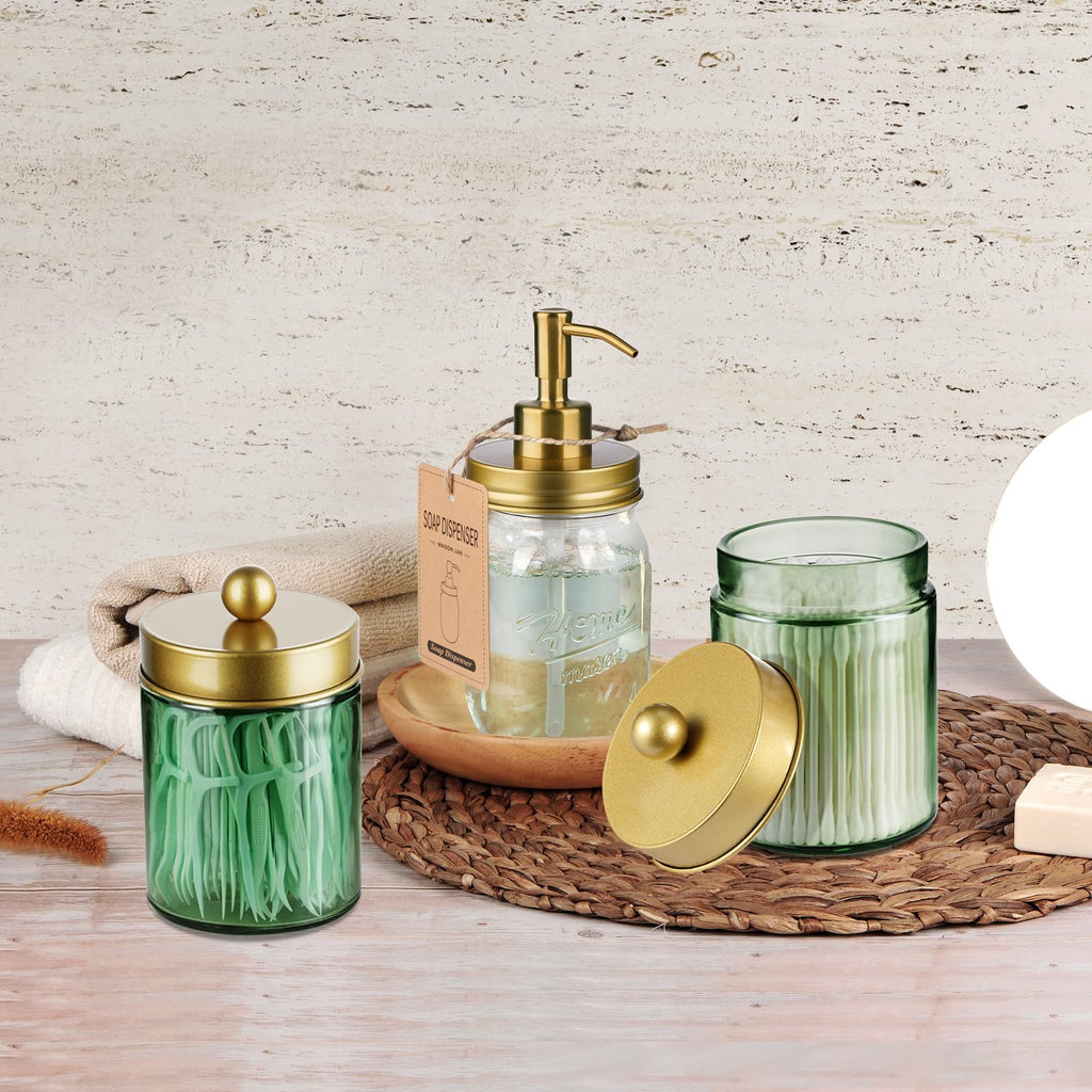 Amolliar 4Pc Apothecary Jars Bathroom Vanity Storage Organizer Set -Countertop Canister with Stainless Steel Lids &Stickers - Qtip Dispenser Holder for Qtip,Cotton Swab,Makeup Sponge (Brushed Nickel)