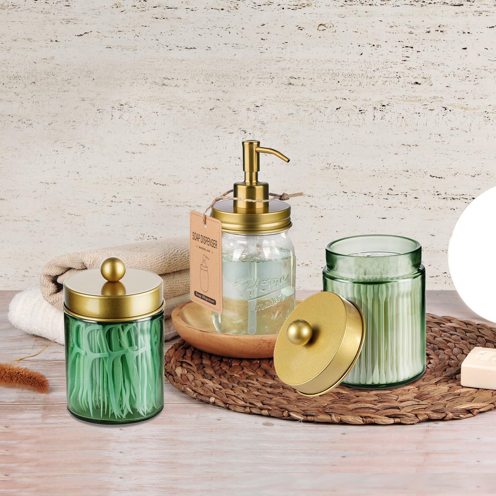 Amolliar 4Pc Apothecary Jars Bathroom Vanity Storage Organizer Set -Countertop Canister with Stainless Steel Lids &Stickers - Qtip Dispenser Holder for Qtip,Cotton Swab,Makeup Sponge (Brushed Nickel)