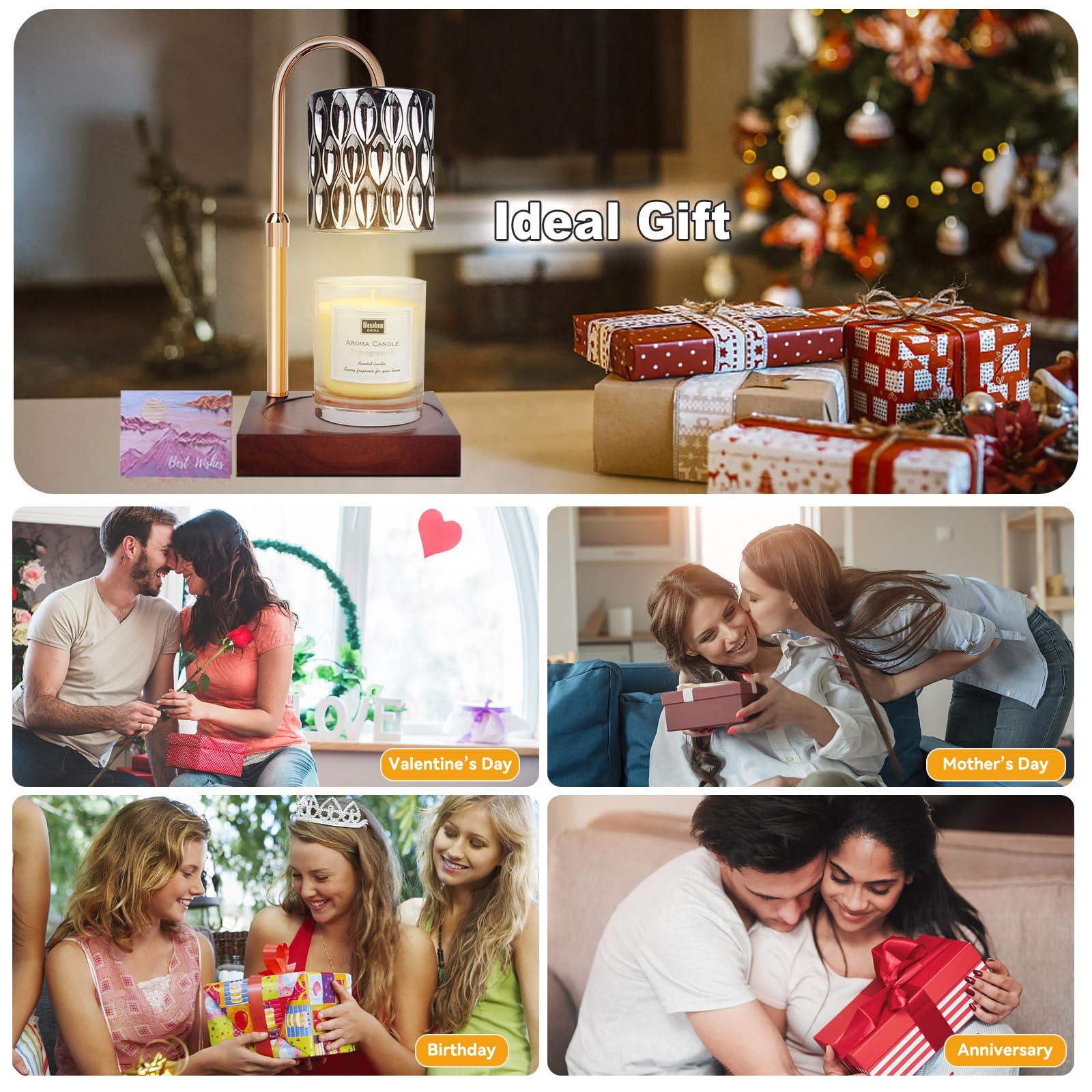 Candle Warmer Lamp with 3 Bulbs, Adjustable Height Dimmable Candle Warmer with Timer, Candle Lamp with Charming Gift Box Ribbon,Birthday Gifts for Women Mom, House Warming Gifts New Home Decor