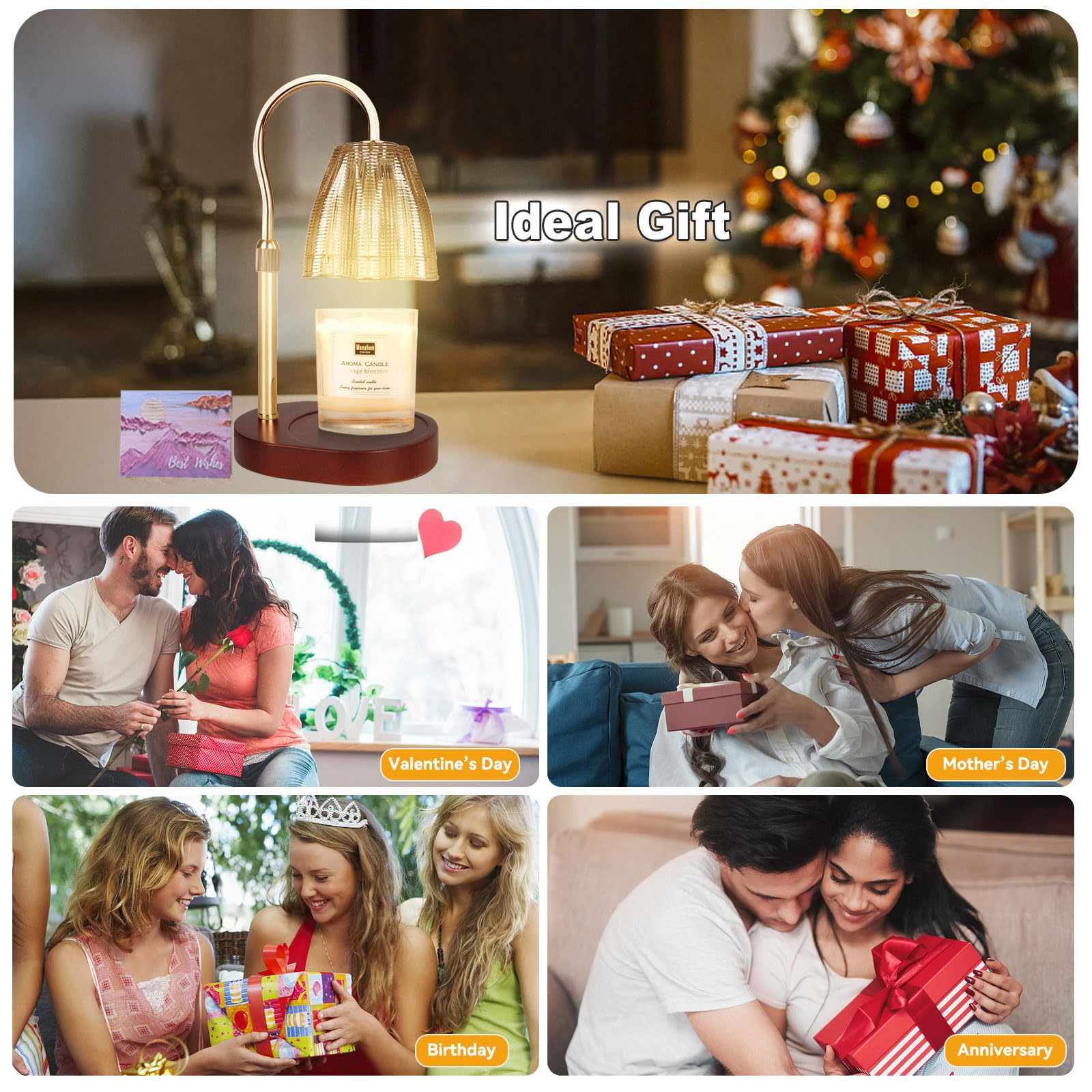 Candle Warmer Lamp with 3 Bulbs, Adjustable Height Dimmable Candle Warmer with Timer, Candle Lamp with Charming Gift Box Ribbon,Birthday Gifts for Women Mom, House Warming Gifts New Home Decor