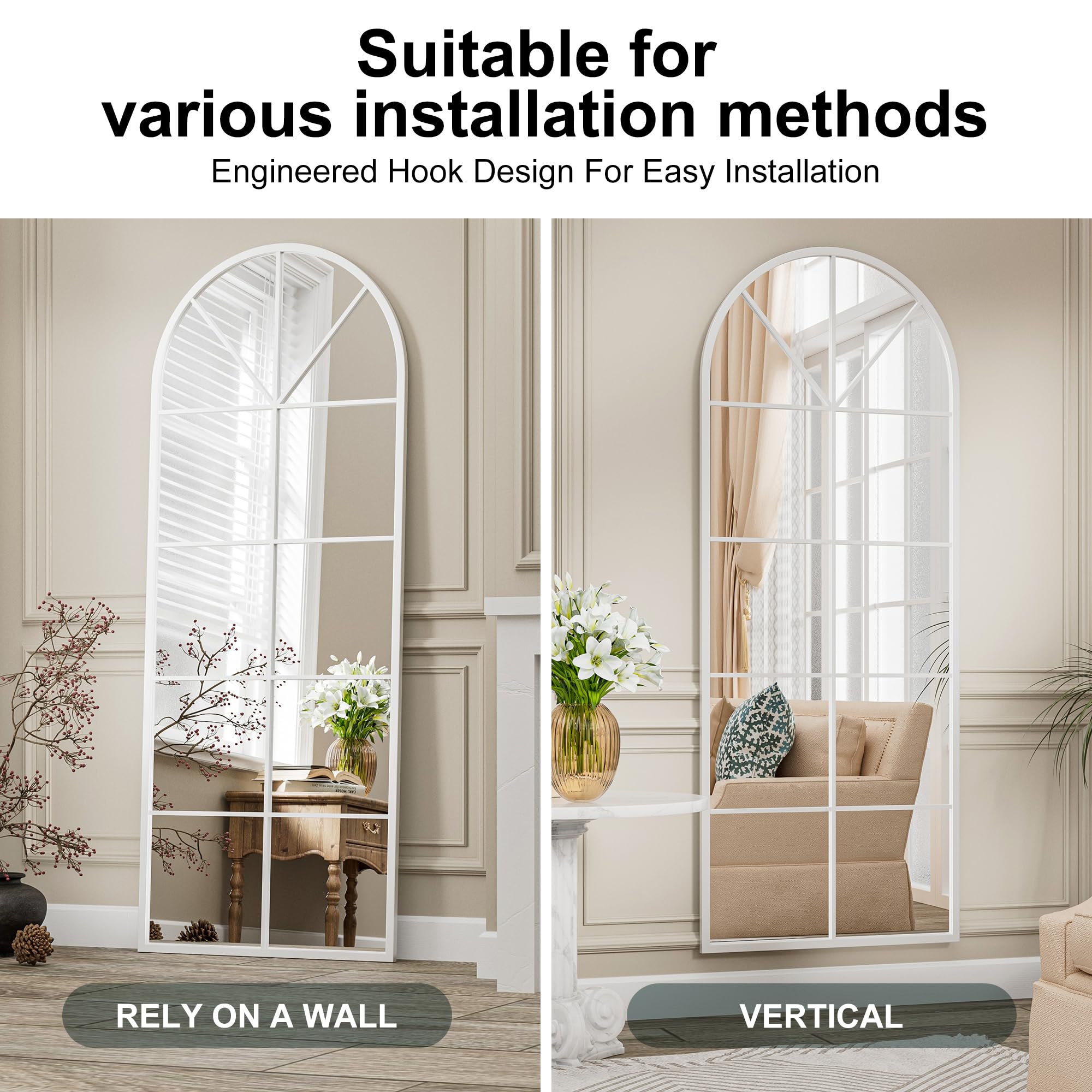 Full Length Mirror, 65"x24" Window Pane Mirror for Wall Decor, Black Full Body or Wall Mounted Mirrors, Farmhouse Standing Mirrors Hanging or Leaning for Living Room, Entryway, No Stand