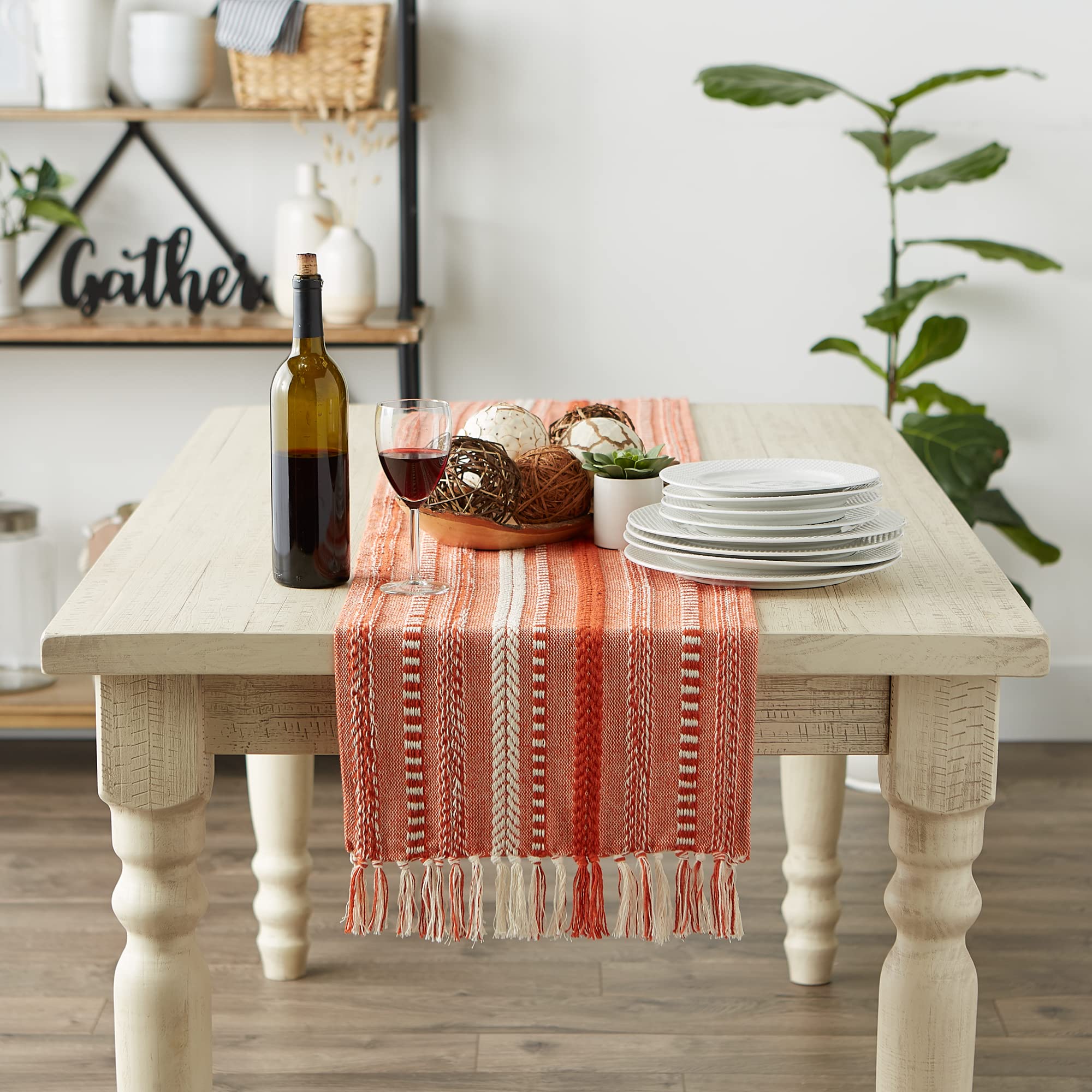 DII Farmhouse Braided Stripe Table Runner Collection, 15x72 (15x77, Fringe Included), Stone