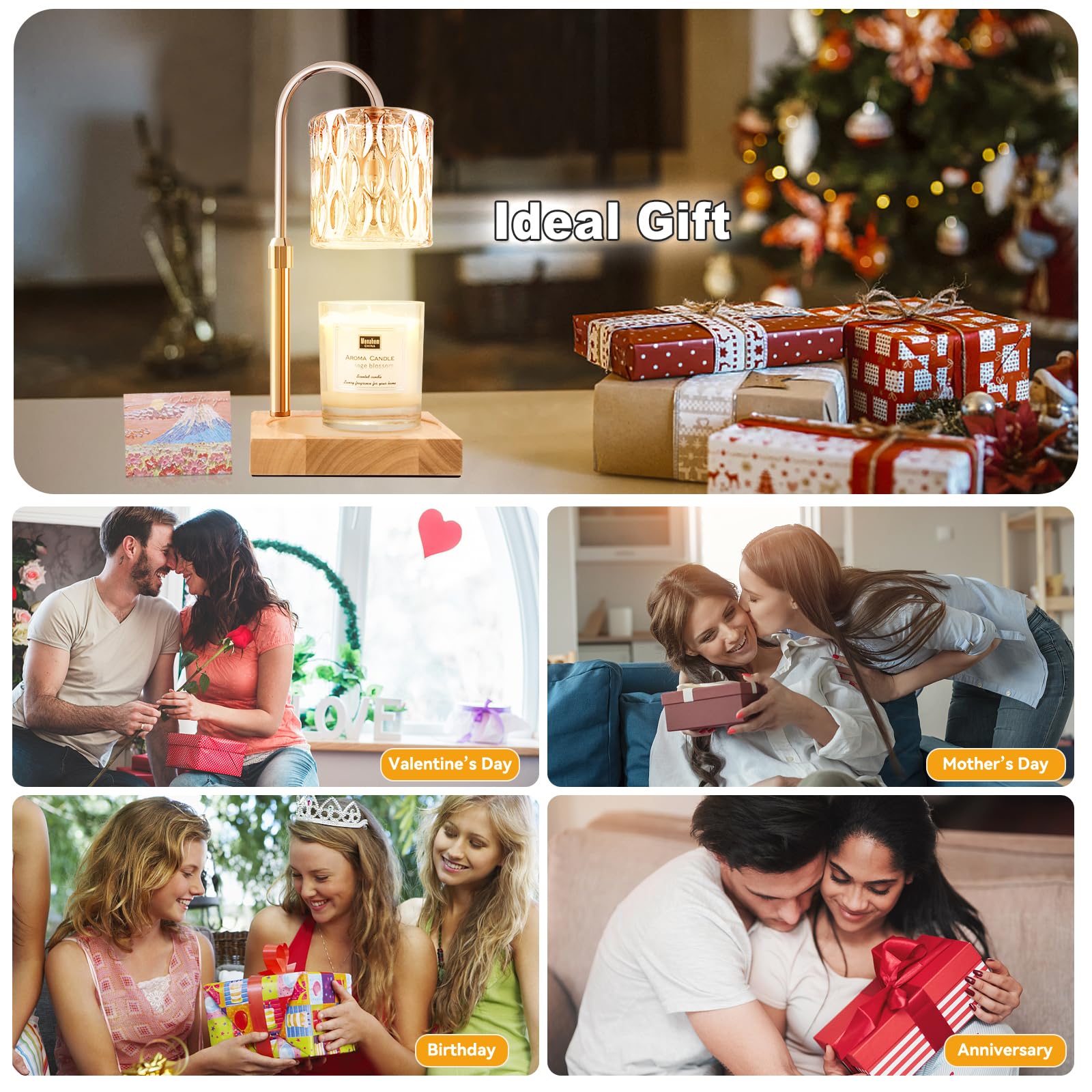 Candle Warmer Lamp with 3 Bulbs, Adjustable Height Dimmable Candle Warmer with Timer, Candle Lamp with Charming Gift Box Ribbon,Birthday Gifts for Women Mom, House Warming Gifts New Home Decor