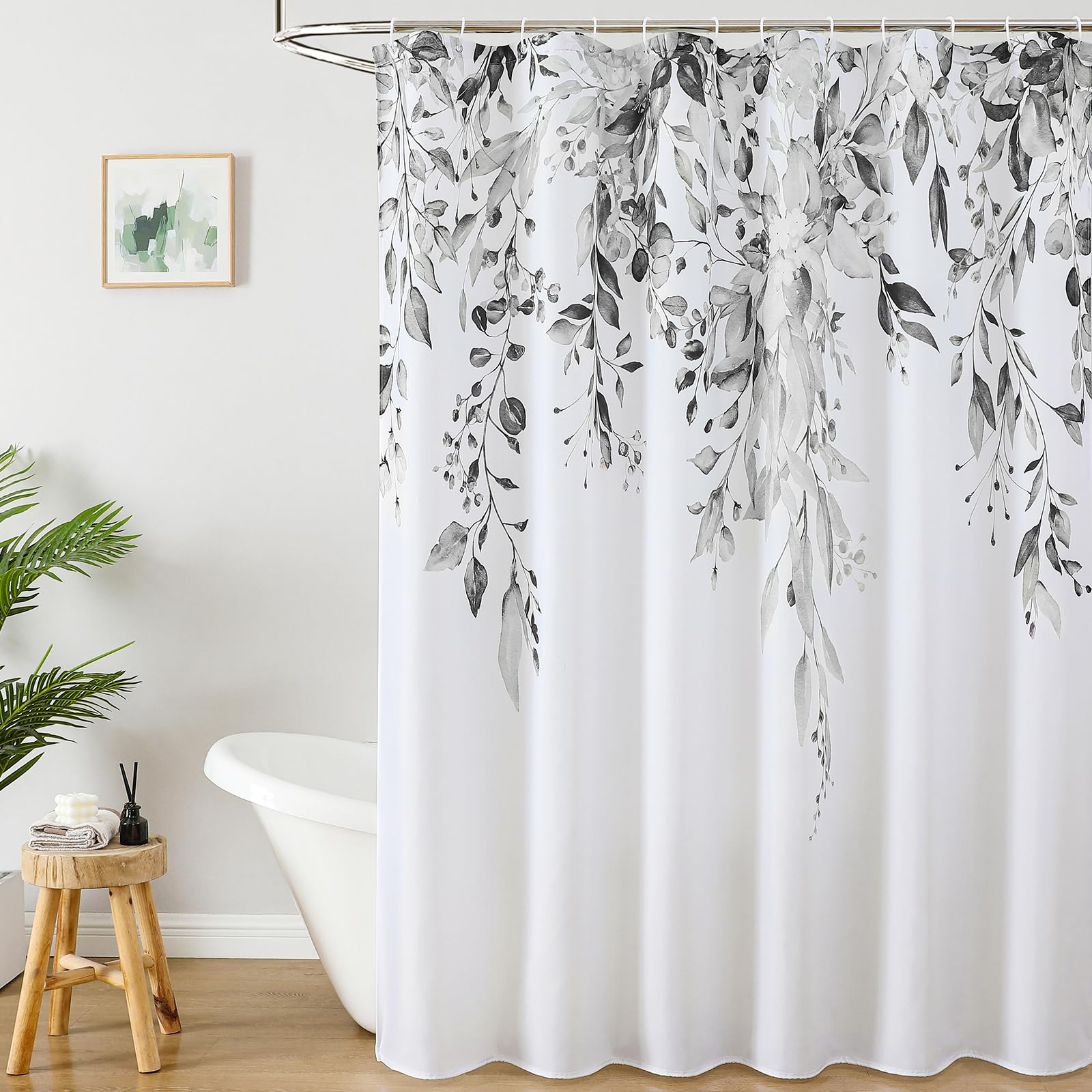 Colorful Star Sage Green Eucalyptus Waterproof Shower Curtain Set with Hooks, Minimalist Watercolor Floral Print Bathroom Décor, Plant Leaves Washable Fabric Shower Curtain, 72 x 72 Inch