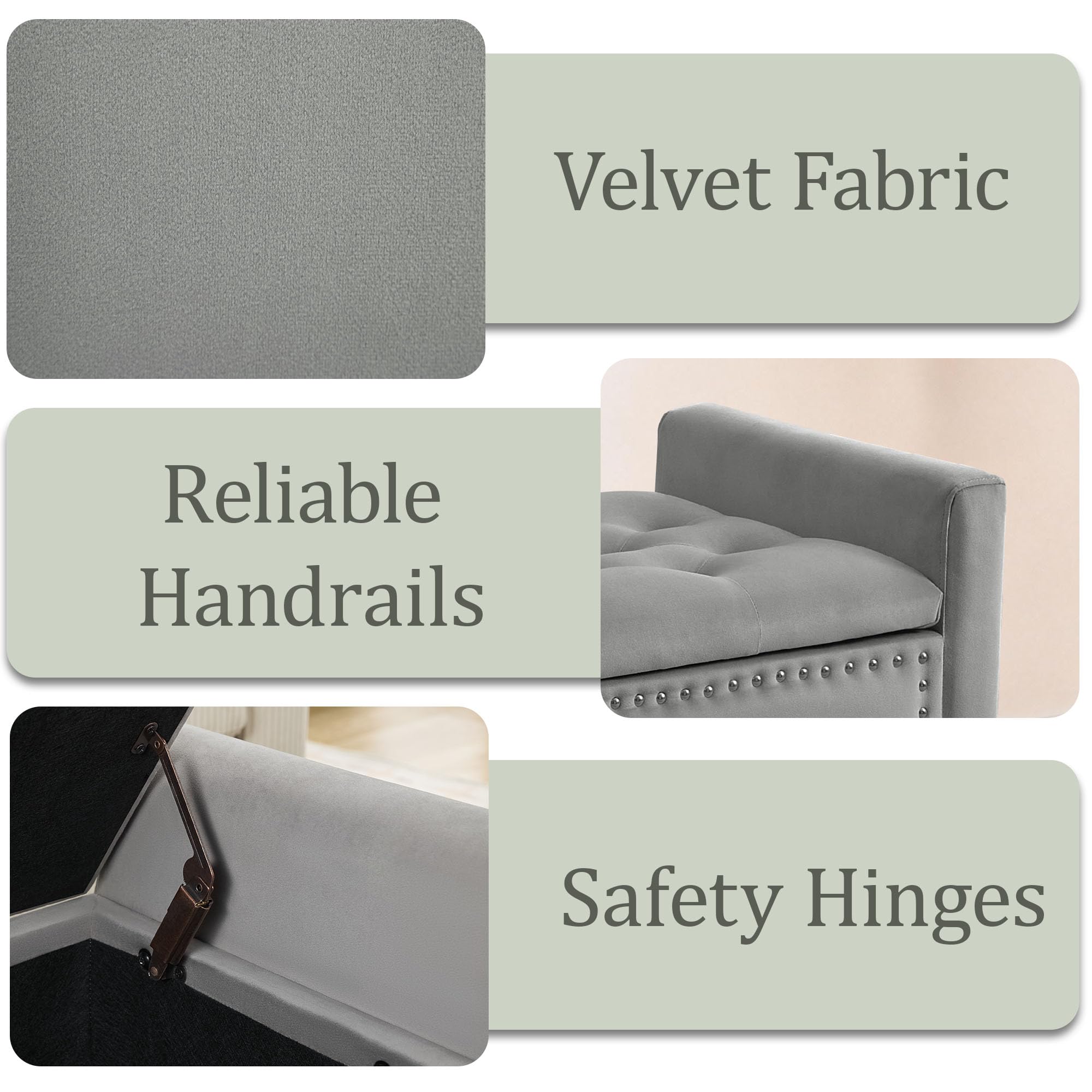 47in Velvet Storage Ottoman Bench with Arms, Upholstered Storage Bench with Wooden Legs, Storage Bench for Bedroom, Living Room, Entryway, Blue Grey