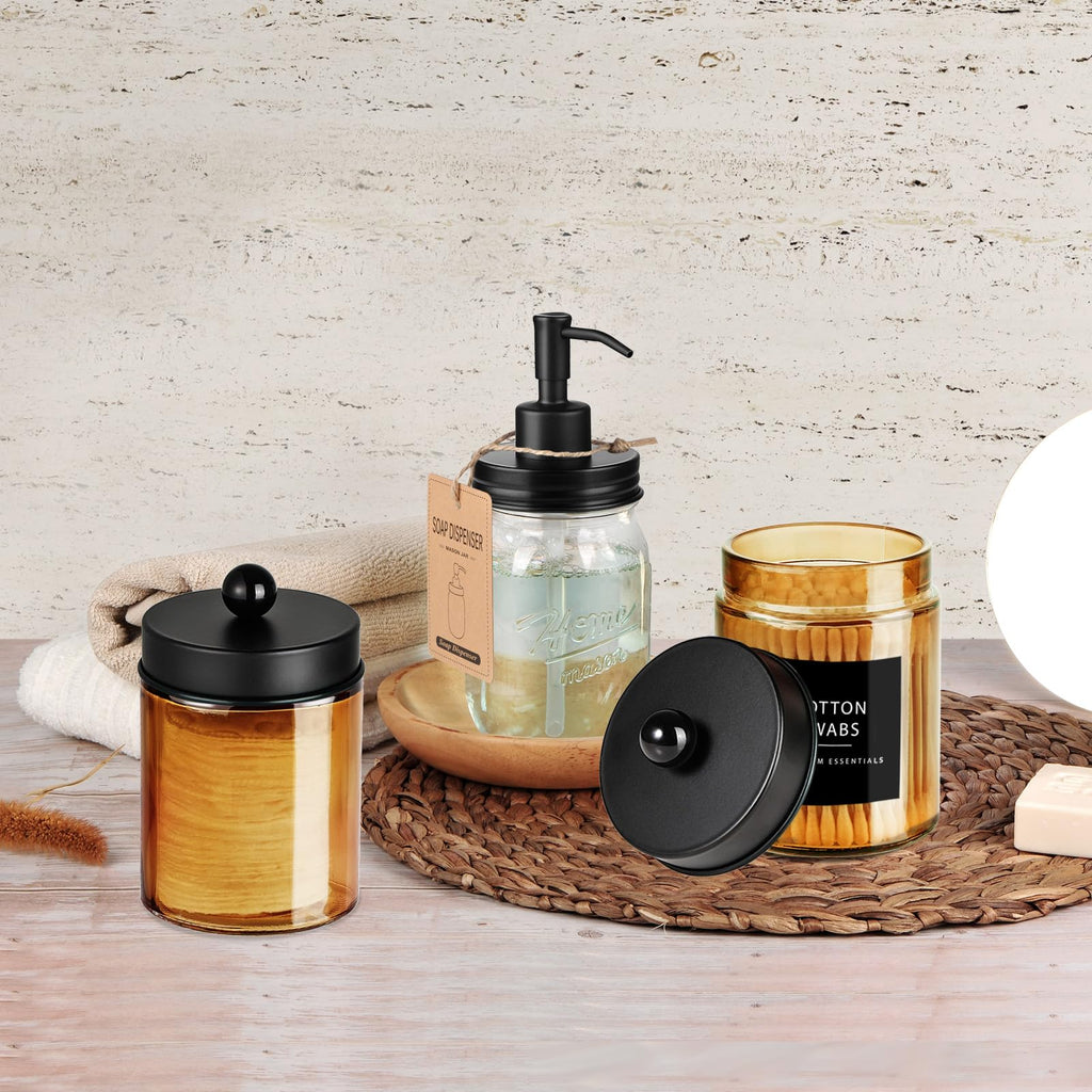 Amolliar 4Pc Apothecary Jars Bathroom Vanity Storage Organizer Set -Countertop Canister with Stainless Steel Lids &Stickers - Qtip Dispenser Holder for Qtip,Cotton Swab,Makeup Sponge (Brushed Nickel)