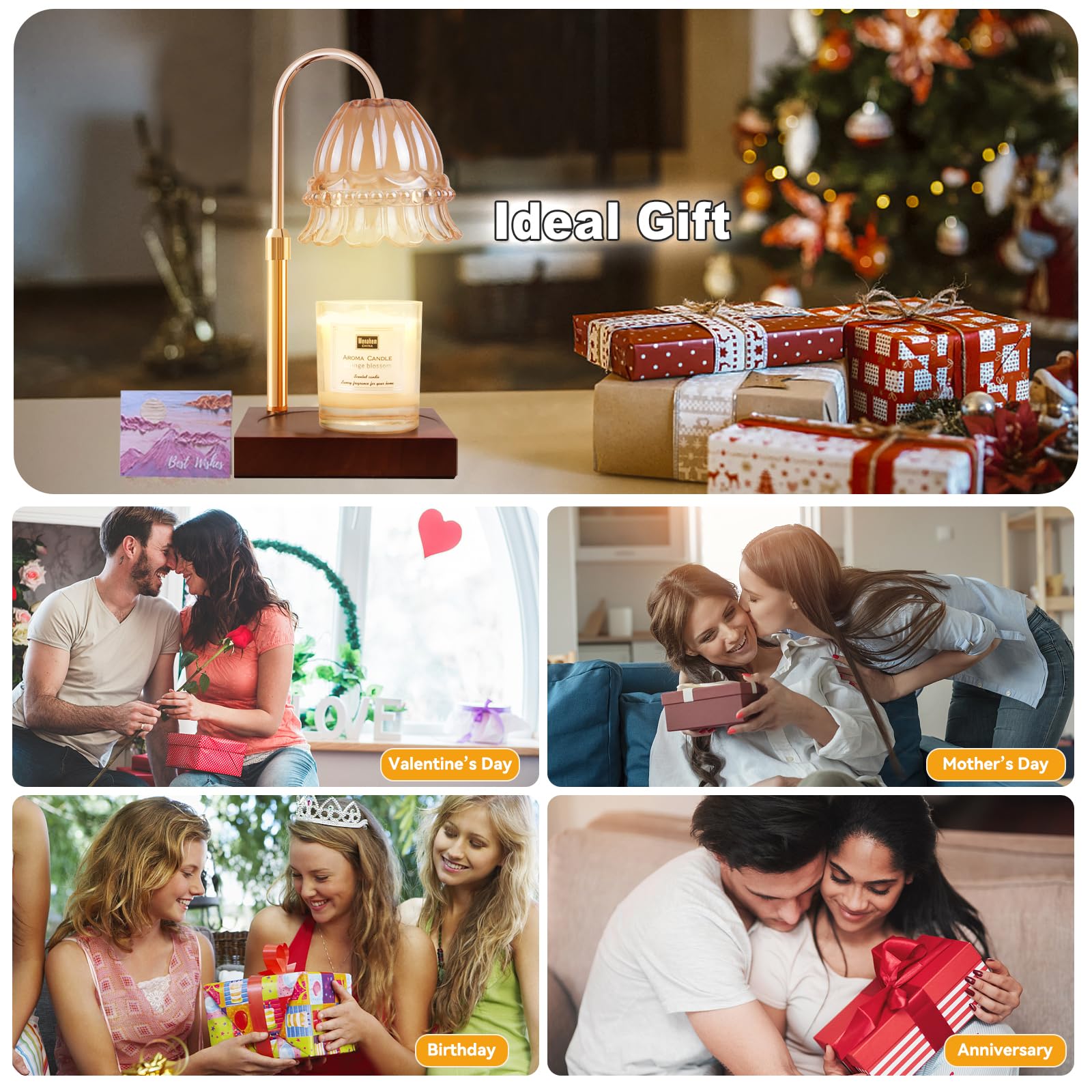 Candle Warmer Lamp with 3 Bulbs, Adjustable Height Dimmable Candle Warmer with Timer, Candle Lamp with Charming Gift Box Ribbon,Birthday Gifts for Women Mom, House Warming Gifts New Home Decor