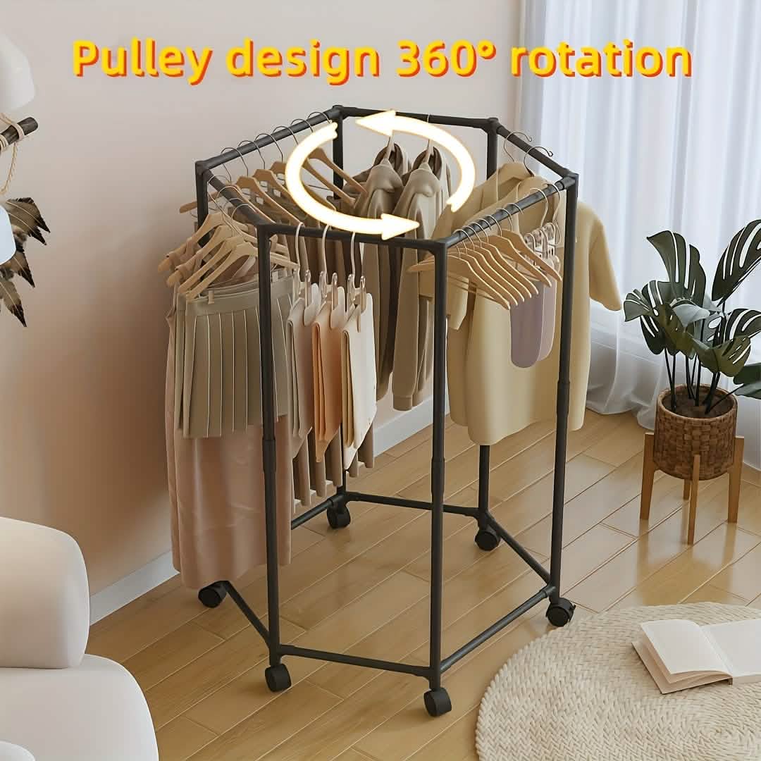 360° Rotating Freestanding Clothing Rack – Hexagonal Carbon Steel Organizer with Wheels