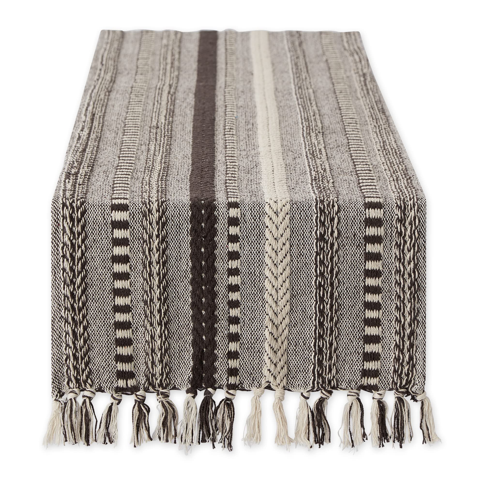 DII Farmhouse Braided Stripe Table Runner Collection, 15x72 (15x77, Fringe Included), Stone
