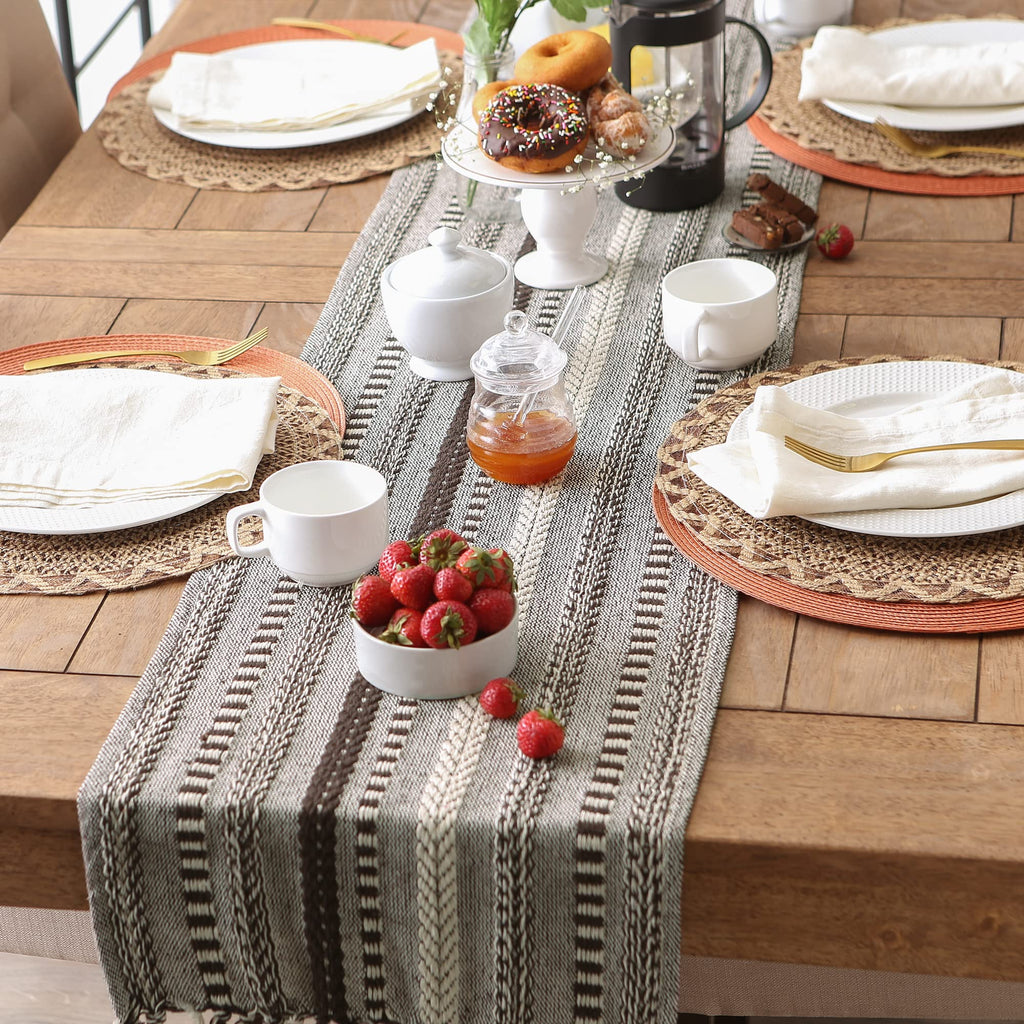 DII Farmhouse Braided Stripe Table Runner Collection, 15x72 (15x77, Fringe Included), Stone