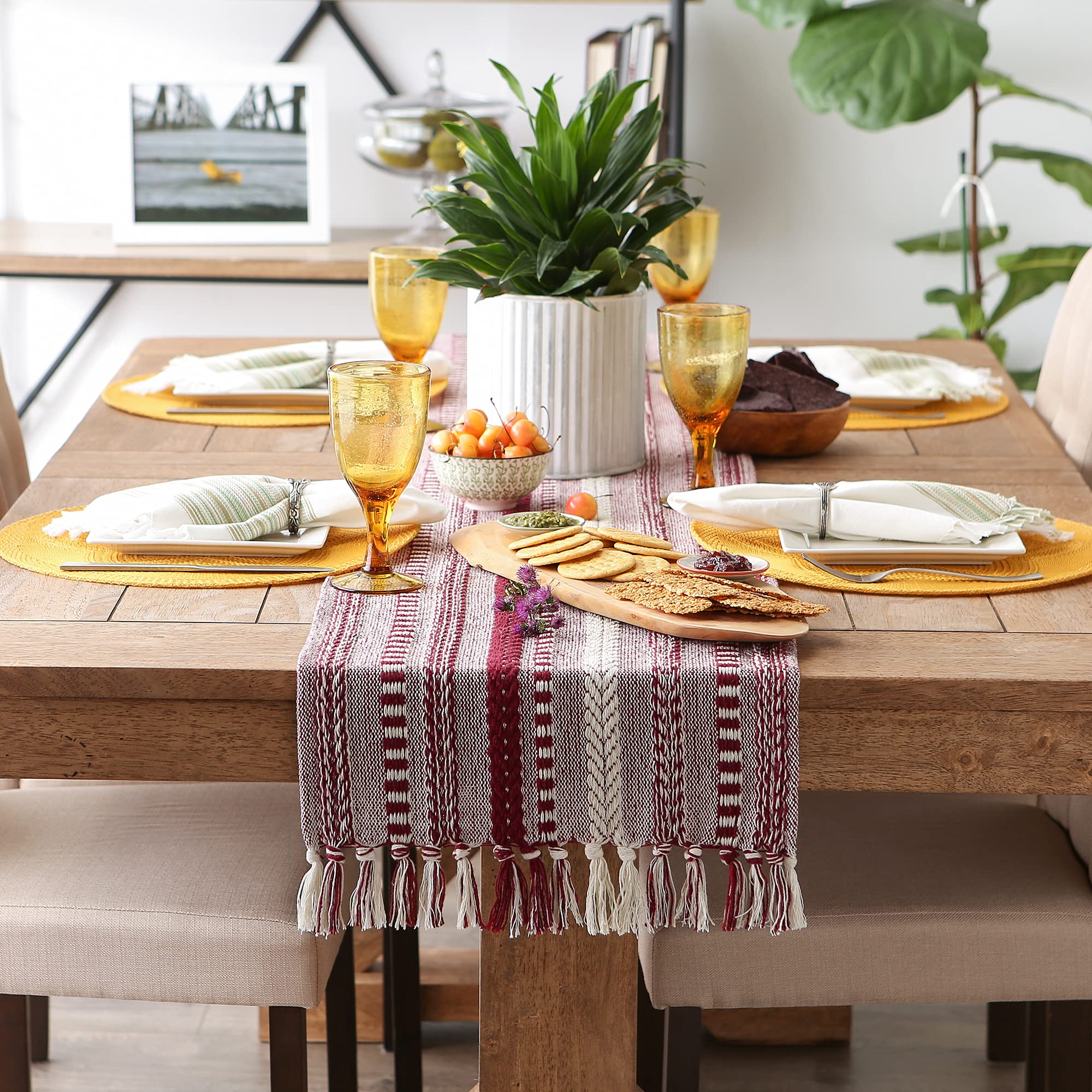 DII Farmhouse Braided Stripe Table Runner Collection, 15x72 (15x77, Fringe Included), Stone