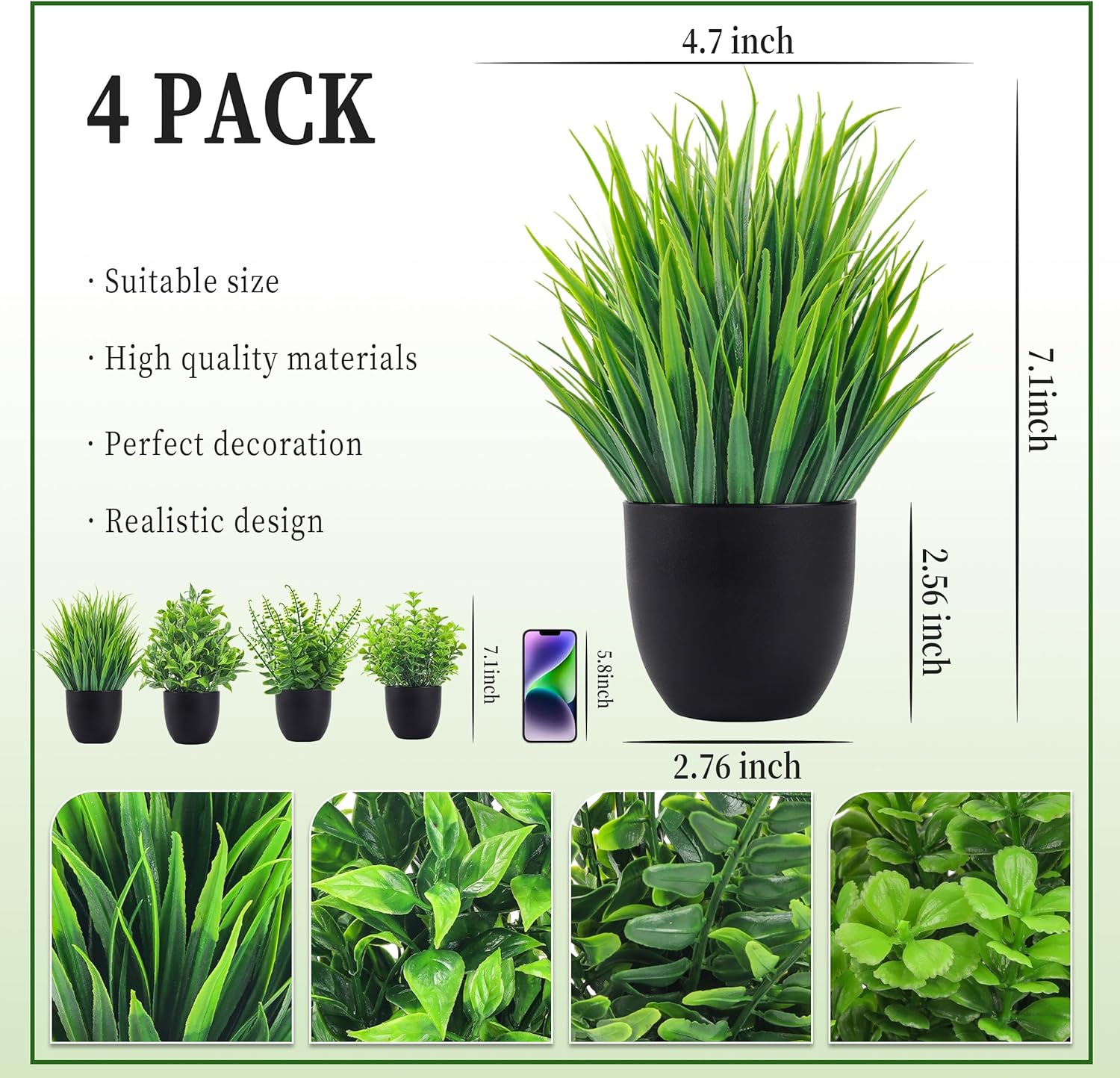 Der Rose Fake Plants 4 Packs Artificial Plants Small Faux Plants Black Bathroom Accessories for Halloween Bathroom Home Kitchen Coffee Table Office Desk Decor Indoor