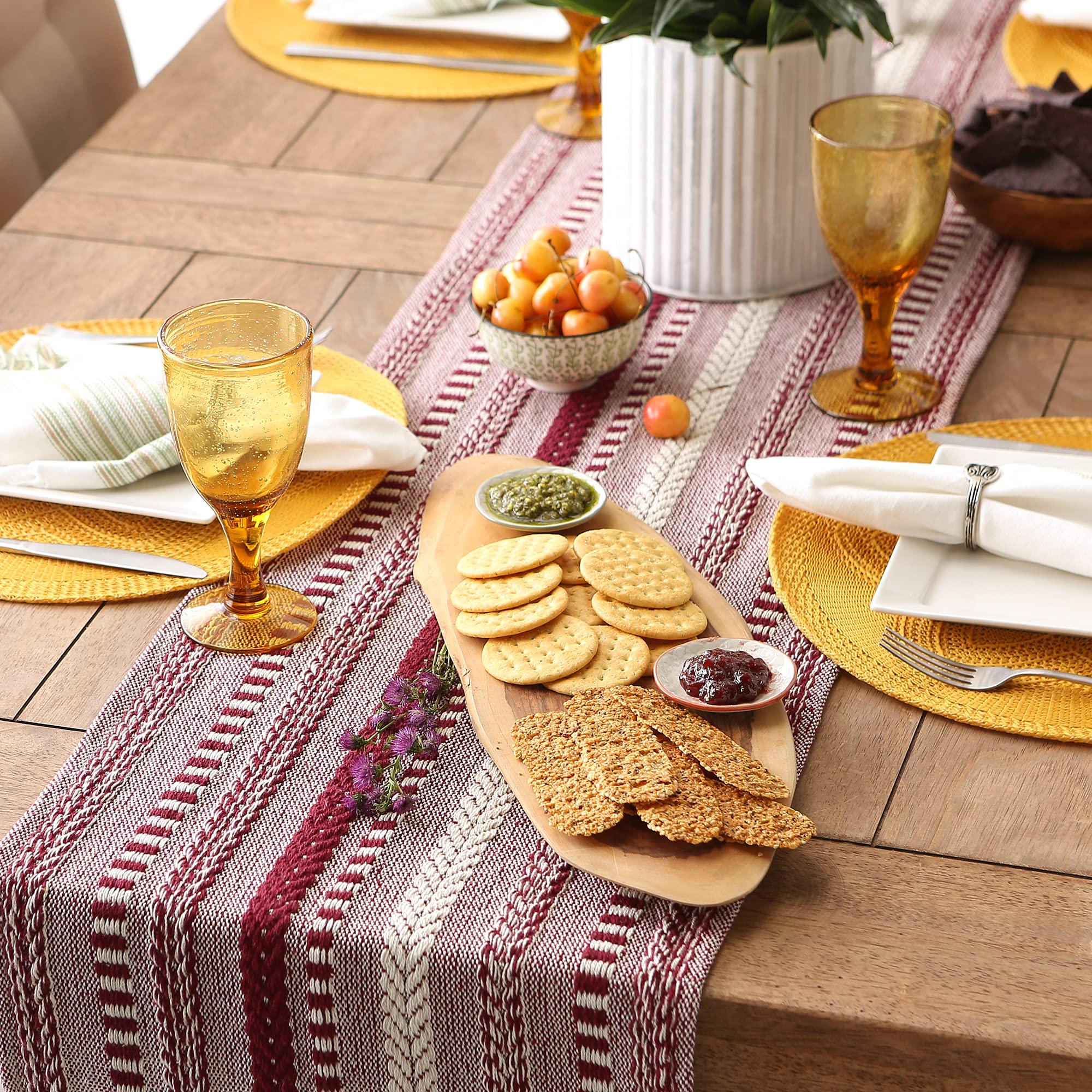DII Farmhouse Braided Stripe Table Runner Collection, 15x72 (15x77, Fringe Included), Stone