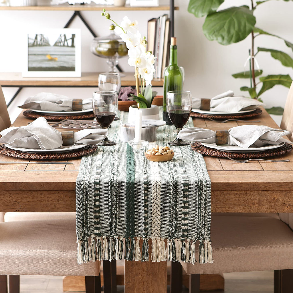 DII Farmhouse Braided Stripe Table Runner Collection, 15x72 (15x77, Fringe Included), Stone